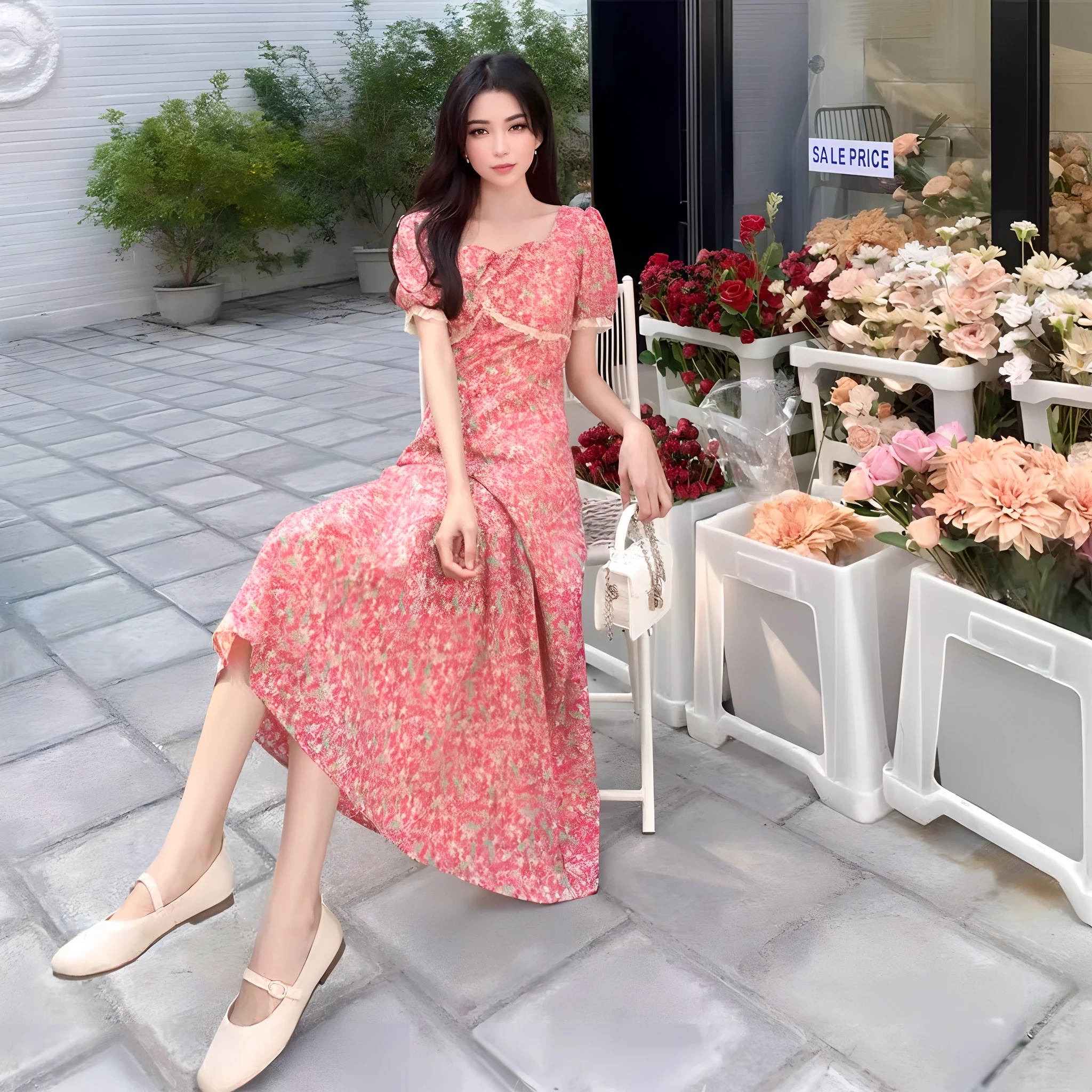 ((Best Quality, 8k, Masterpiece: 1.3)), 1 girl, smile, full body, slim face, pretty woman, (dark brown hair), full length dress :1.1, super detailed face, detailed eyes, double eyelids, blurred background, slim face, city, outside, street