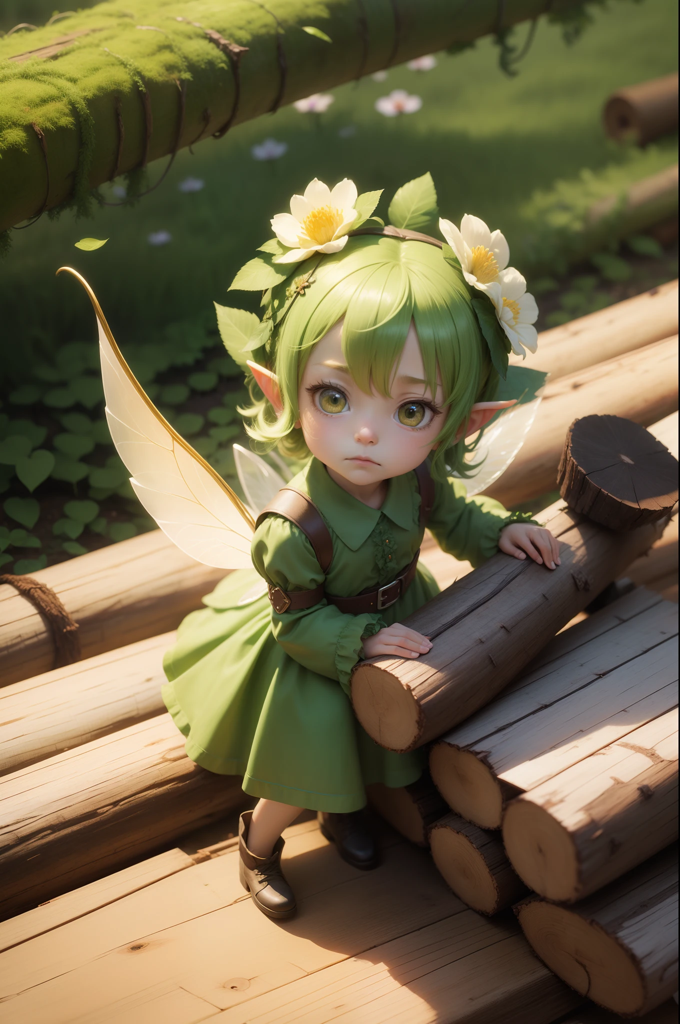 (masutepiece:1.3), ccurate, (Super Detail, high details, top-quality), Best Quality,( hight resolution, 8K),(The winged little flower fairy is sad: 2), The fairy wears a dress,(forest clearing:1.1),Withered flowers, fallen wood, (Truck carrying logs:1.4), (Man cutting wood:1.1),nffsw, A detailed face,Detailed legs,Leprechaun