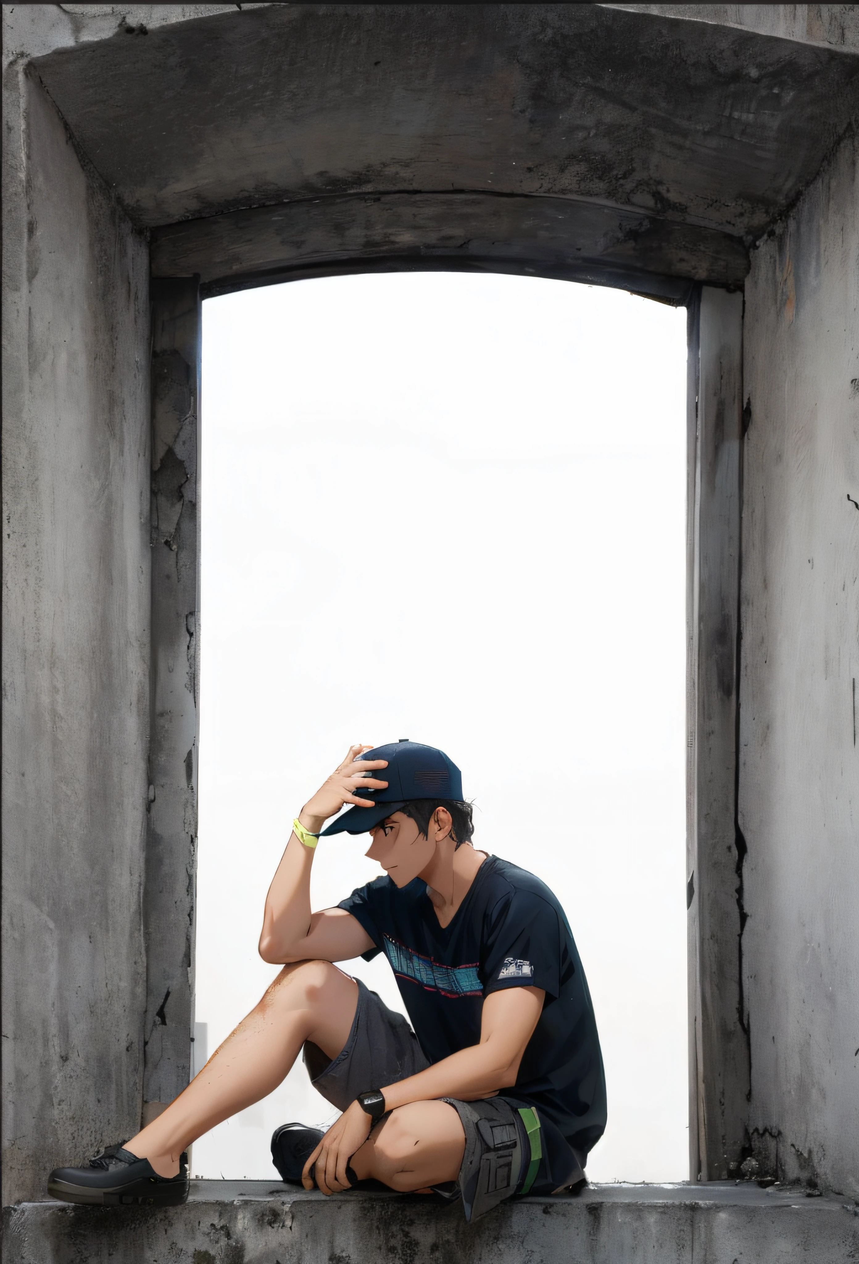 arafed man sitting on a ledge with his head in his hands, casual photography, stood in a tunnel, looking out, leaning on the wall, waiting behind a wall, lost in thought, outlive streetwear collection, standing in ruins, leaning against the wall, looking in front, barely any walls inside, looking through a portal, standing in abandoned building, surreal photo