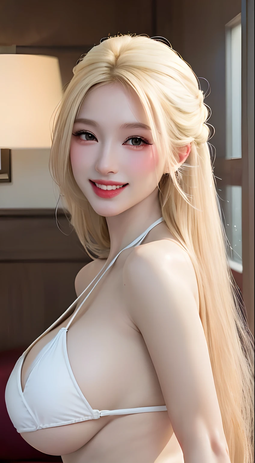 1 girl, ((Best Quality, 8K, Masterpiece:1.3)), Focus: 1.2, Perfect Body Beauty: 1.4, Buttocks: 1.2, (Gigantic Breasts: 1.4), (Gigantic hip: 1.8),(white bikini), Highly Detailed Face, perfect smile, Double Eyelids, White Skin, (((Long blonde Hair))), (Shut Up: 1.3), Smile,(upper body focus:1.2),