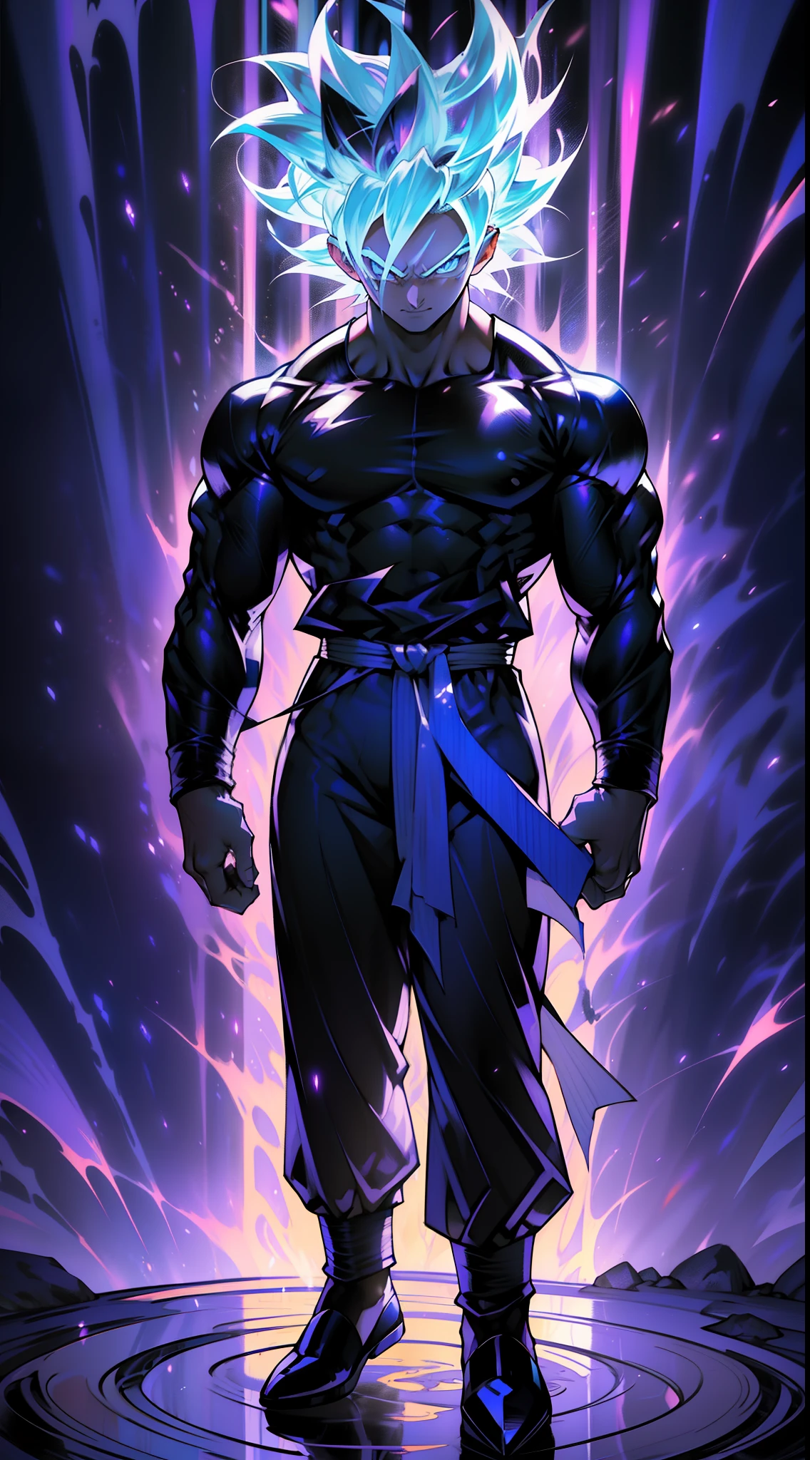 se shot, Son Goku transforming into Ultra Instinct surrounded by Violet Aura and lightning full-body shot, 4k, cabelos prateados, polished and silver metallic leather with metallic sheen, Pupilas de prata, Detalhes altos, epics, cinemactic, pose expressiva