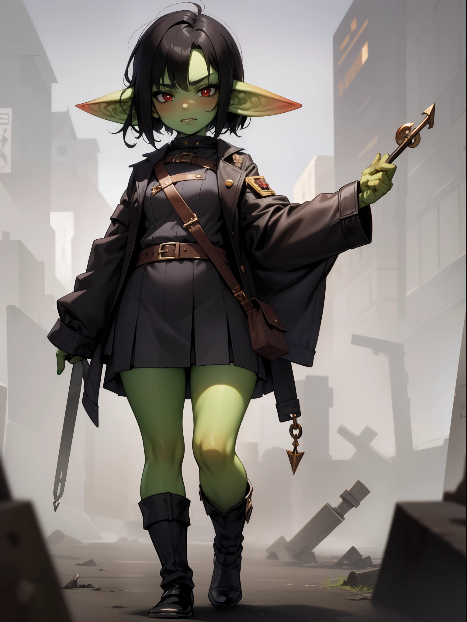 1girl,solo,goblin girl,black hair, short hairs,red eye,standing,smug