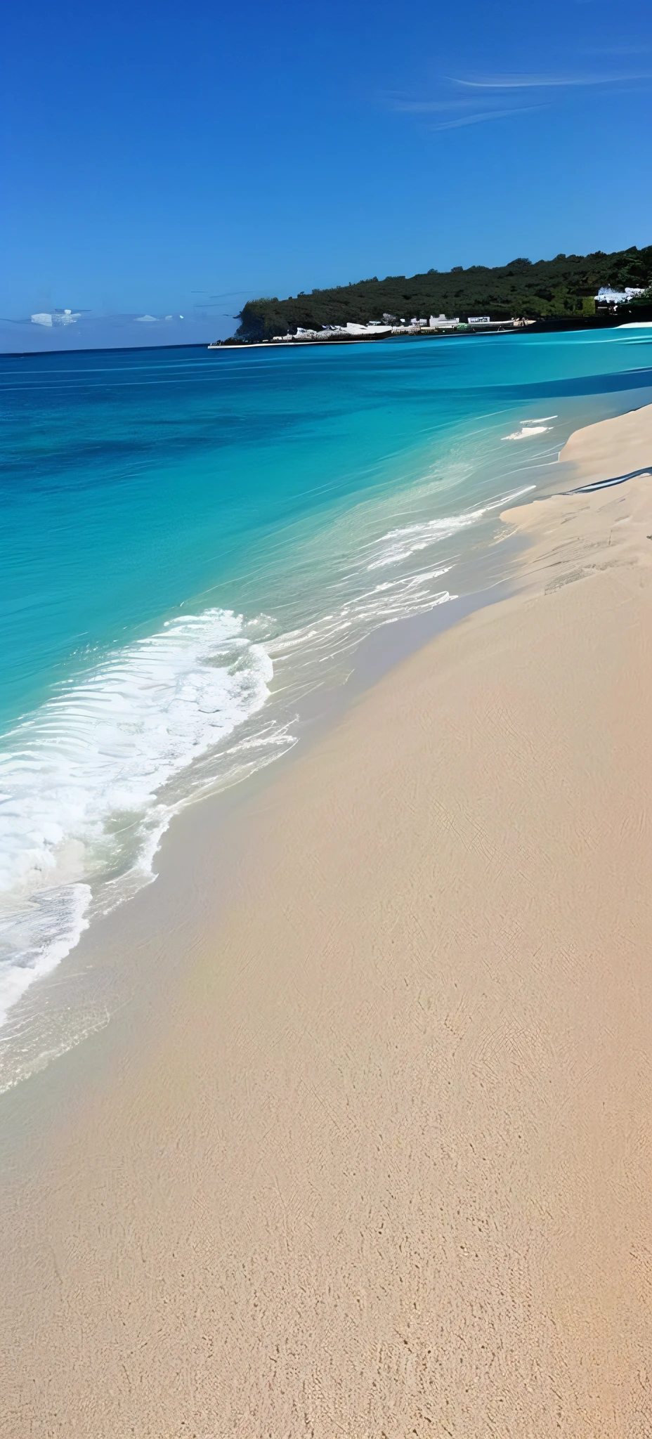 There is a white surfboard on the beach near the water, sand and sea, carribean white sand, breath-taking beautiful beach, White sandy beach, White sand beach, Magical beach, Blue waters, Turquoise ocean, Turquoise water, clear blue water, a photo of the ocean, Beautiful ocean, azure blue water, beach