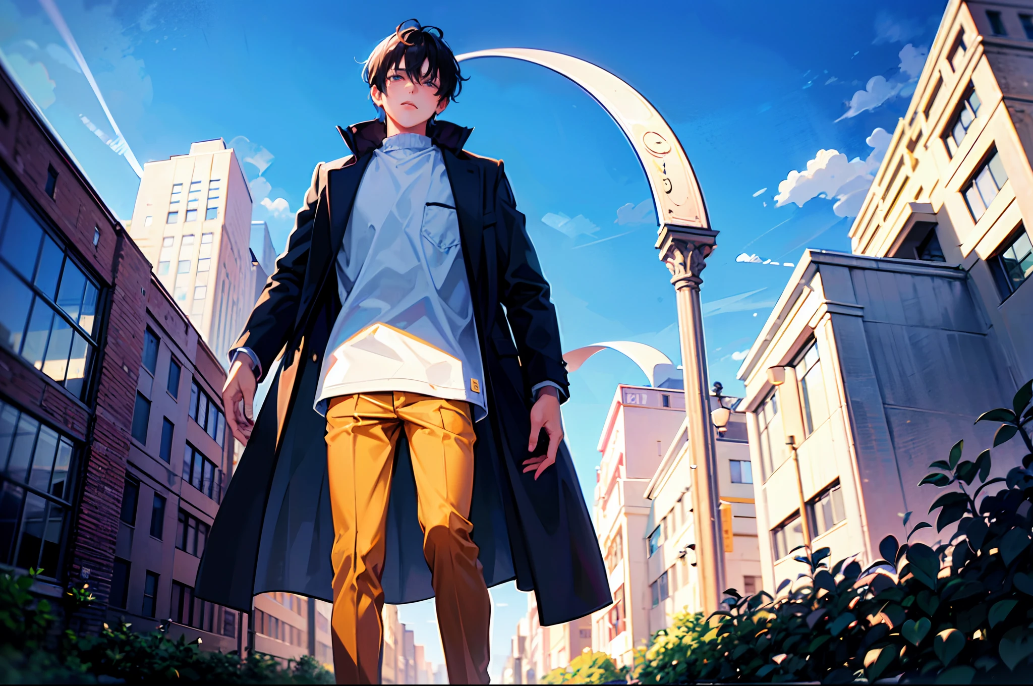 a teenager boy on, Multi dimentional world, earth collapse, blue sky, messed city, master piece, best quality, coat, high resolution, detailed description of face