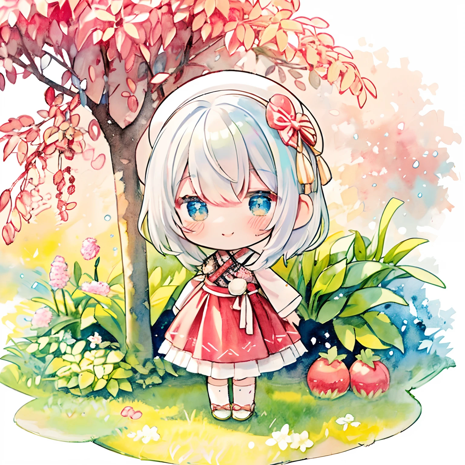 (PastelColors:1.3)、(Cute illustration:1.3)、(watercolor paiting:1.1)、,(Chibi:1.1)
Detailed background、1girl in、Open your mouth and smile、Beautifully detailed、Moya、colourfull、marble、Particles of light、patterns、
Detailed drawing、Vibrant colors、striking contrast、intricate detailes、Delicate depiction、Luminescent、full body Esbian、From the side、Beautiful facial features、Brightly colored eyes、Wearing intricate and delicate ornaments、glowing aura、Radiant hair,Illuminated by the morning light、 Very delicate and beautiful,sharp and strong shiny eyes, Magenta eye color,  Smiling, Dress, knee sox, Lace, hat woven from straw,、Farmland、 Standing, Plenty of summer vegetables, （Harvesting summer vegetables）