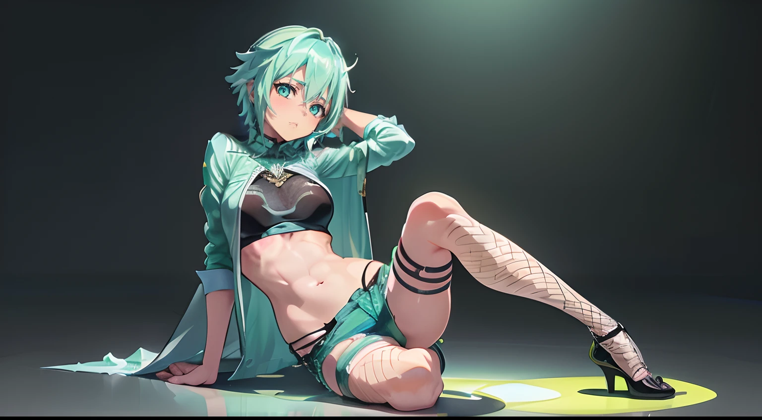 (((Best rendered quality))), (add detail:1.4), a teasing exotic girl, ((sword art online)), ((sinon-sao), sitting with legs-up, voluminous detail, see through shirt lift, crop top peering , semi-torn unbuttoned booty Jean shorts, stimulating waistline, shiny skin, best shadow, (4k ultra HD), open navel, detailed midriff, overlapping thighs with fishnets, alluring beautiful face with mint green eyes, short hair, waist leaning to a side, full body, encouraging foot posing