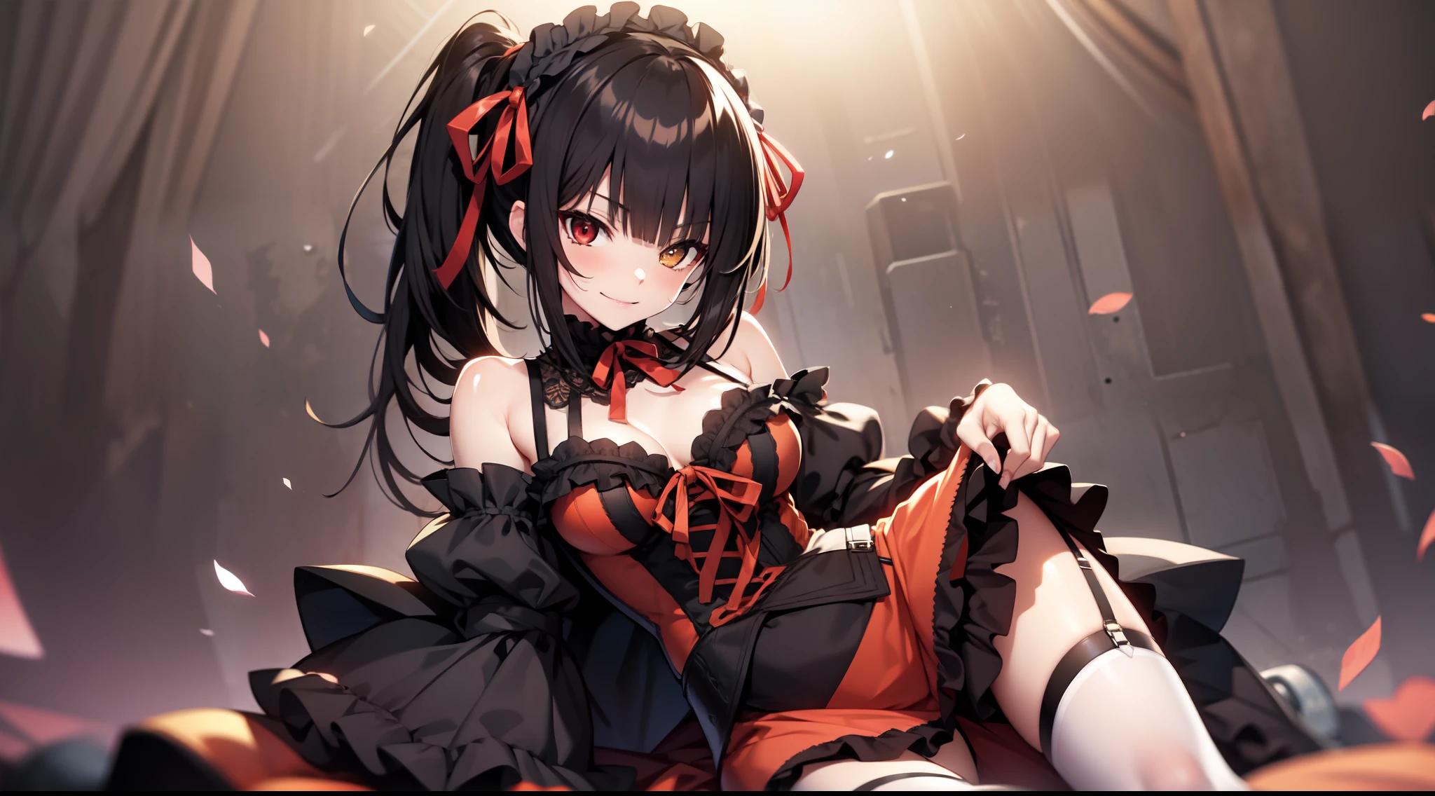 1 girl, black hair, black clothes for legs, chest, decollete, watch_glaze, dress, double protection, garter belt, garter straps, hair ribbon, heterochromia, retention, retention of the gana, ta fashion, lolianda_ for hair, long hair, looking at the lens, medium brow, red eye, smile, solo, navels in the form of characters, hips, tokisaki kurumi, two ponytails, yellow eyes