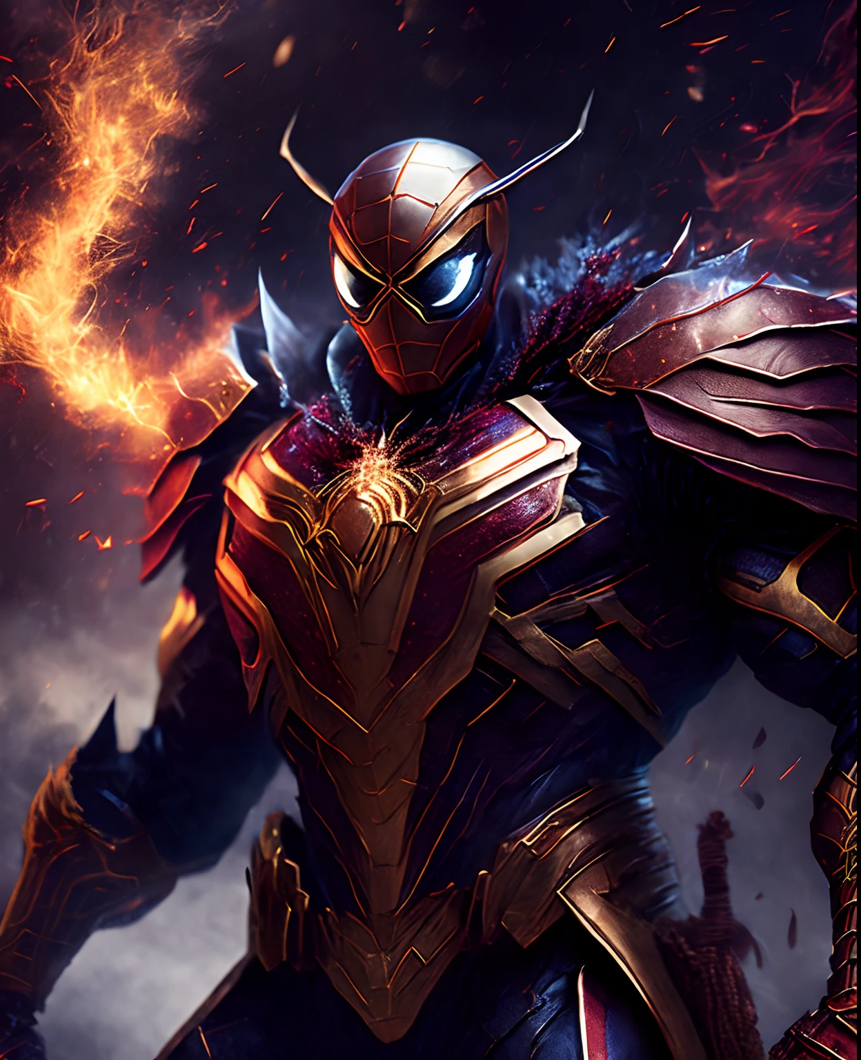 мрачный портрет Iron Spider Horseman of the Apocalypse from Marvel, extremamente detalhado, night time, smoke billowing, Sparks, Metal shavings, Detritos voadores, Energy effects, luz envolvente