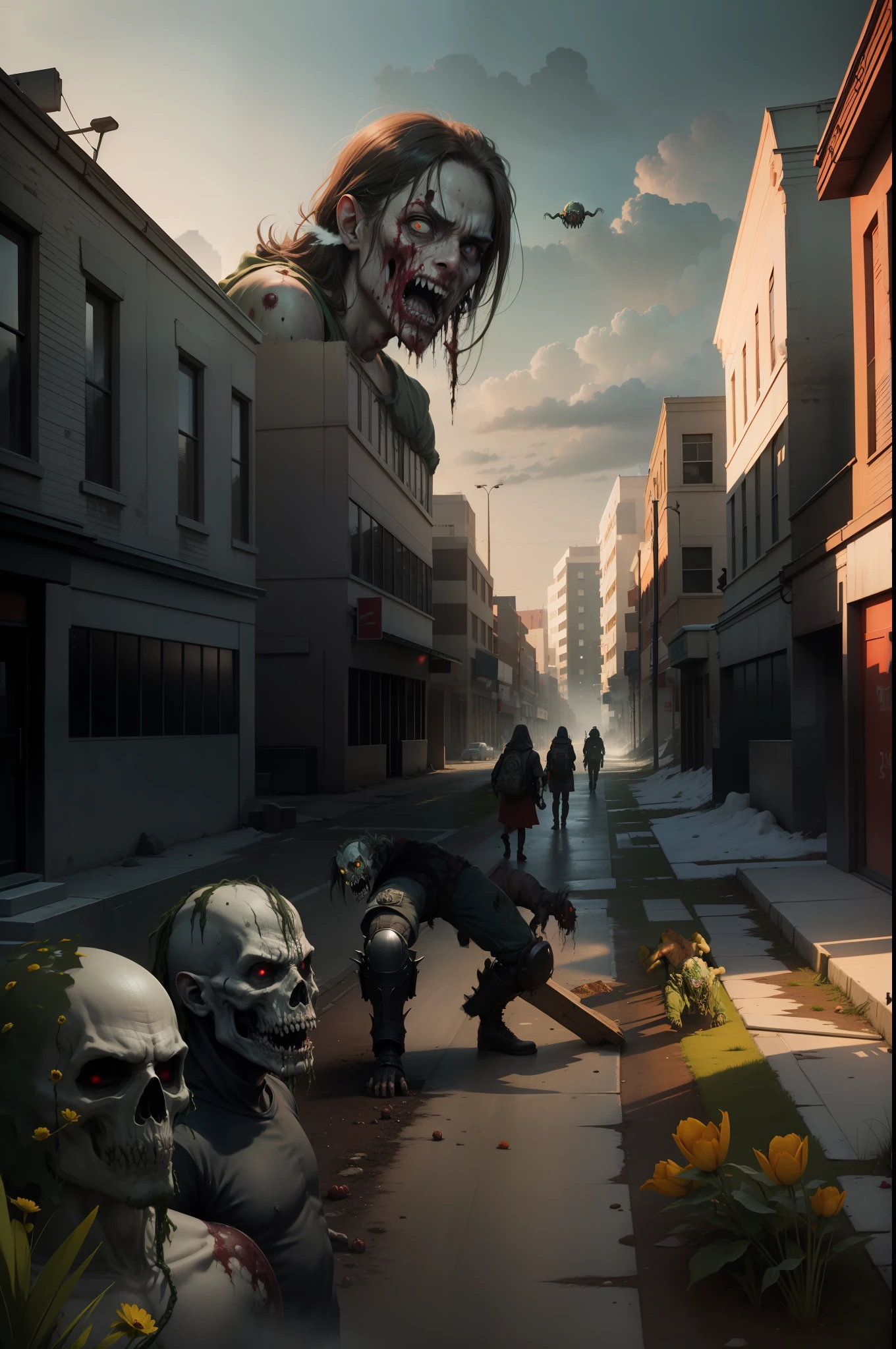 Face Focus, (Zombies: 1.2), Shabby Clothes, Shabby Pants, Best Quality, Facial Details, City, Shattered Buildings, Detail Background, Dark Environment, Depth of Field, Background Bokeh, Tattered, A Group of Zombies, Bent Over Pose