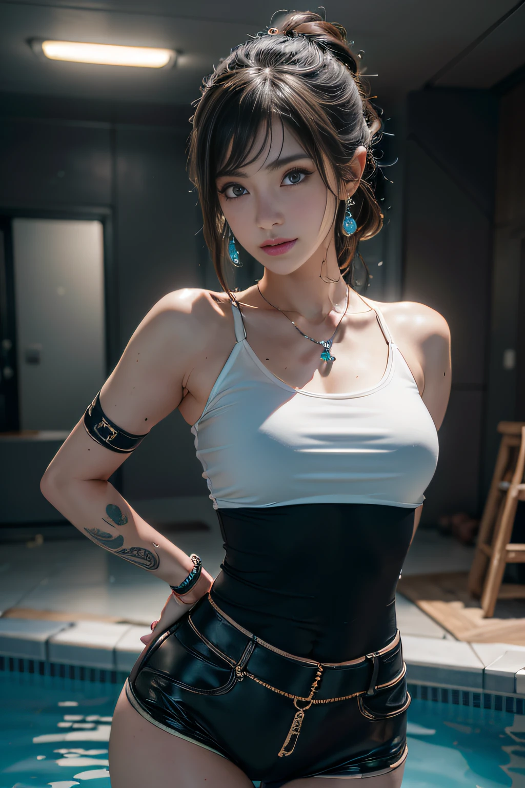 ((best qualtiy)), ((tmasterpiece)), (the detail:1.4), 。.。.。.。.。.3D, Beautiful cyberpunk female images,hdr(HighDynamicRange), Ray traching,NVIDIA RTX,Hyper-Resolution,Unreal 5,sub surface scattering,PBR textures,post-proces,Anisotropy Filtering,depth of fields,maximum definition and sharpness,Many-Layer Textures, Albedo e mapas Speculares,Surface coloring,Mitsu-Accurate simulation of material interactions,perfectly proportions,rendering by octane,Two-colored light,largeaperture,Low ISO,White balance,Rule three points 、8K raw data、,poneyTail, Snow Peak Pavilion, hair pin, Colored Contact Lenses(Shelley Greg), aqua eyes, nedium breasts, smiley, jewely(earring), modern, Chiaroscuro, Cinematic lighting, Nikon, 85 mm, High quality, 8K, Best quality, Super detail,Pool water,Pool water,Pool water,