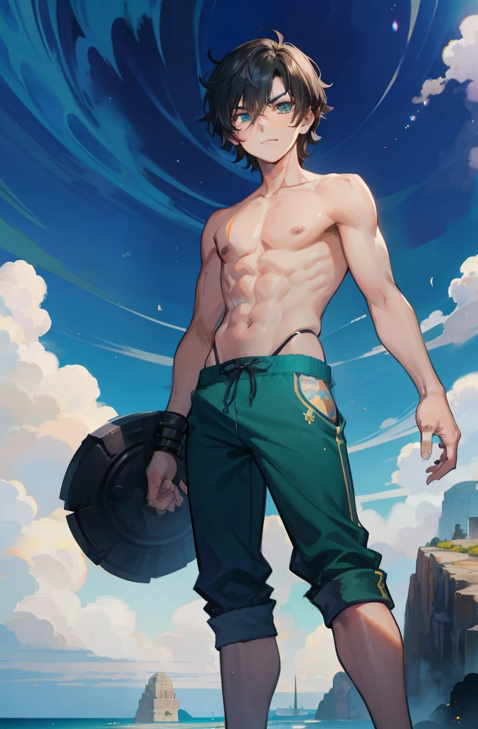 Percy Jackson, 13 years old kid, masterpiece, highres, average height, athletic, lean, raven black hair, messy hair, slightly short hair, shirtless, tanned mediterranean skin, sea green eyes, handsome face, smirking, looking at viewer