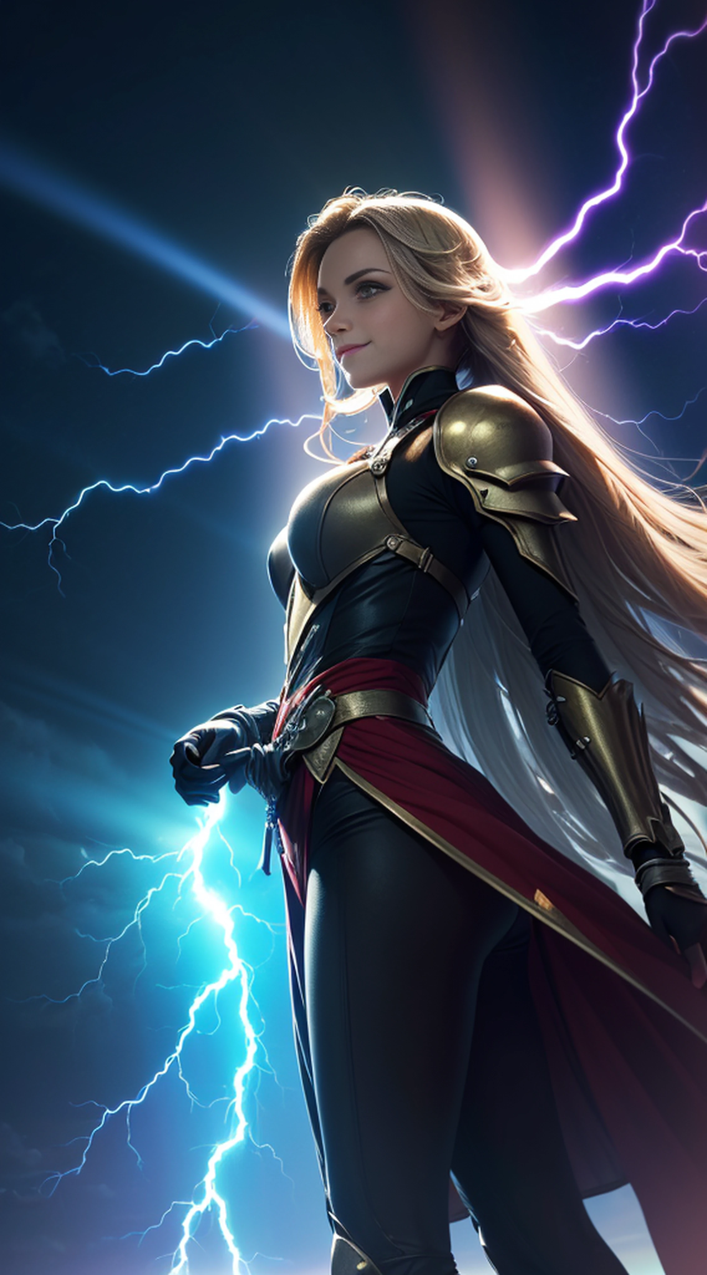 SOLO, (extremely detailed CG unity 16k wallpaper:1.45), Red striped green full body armor, Double lift master, Look up at the sky, The white-haired girl spread her arms to the left and right, Bright lights, ((Suspended colorless crystal)), ((Hand dragging purple Lightning)), neon-light-effect, Wear beautiful high heels, red capelet, Take a full-body photo, Huge moon background, Lightning in hand, full body, ((ultra-detailed)), (detailed light), ((evil smile)), ((an extremely delicate and beautiful)), (((Many Lightning bolts are connected together))), perfect eyes, Perfect iris, Huge moon background, french braid, gradient hair, (god rays:1.5), (illustration), atmospheric perspective, foreshortening, glowing light, Cinematic lighting, from side, Perspective, (((best quality))), (((masterpiece)))