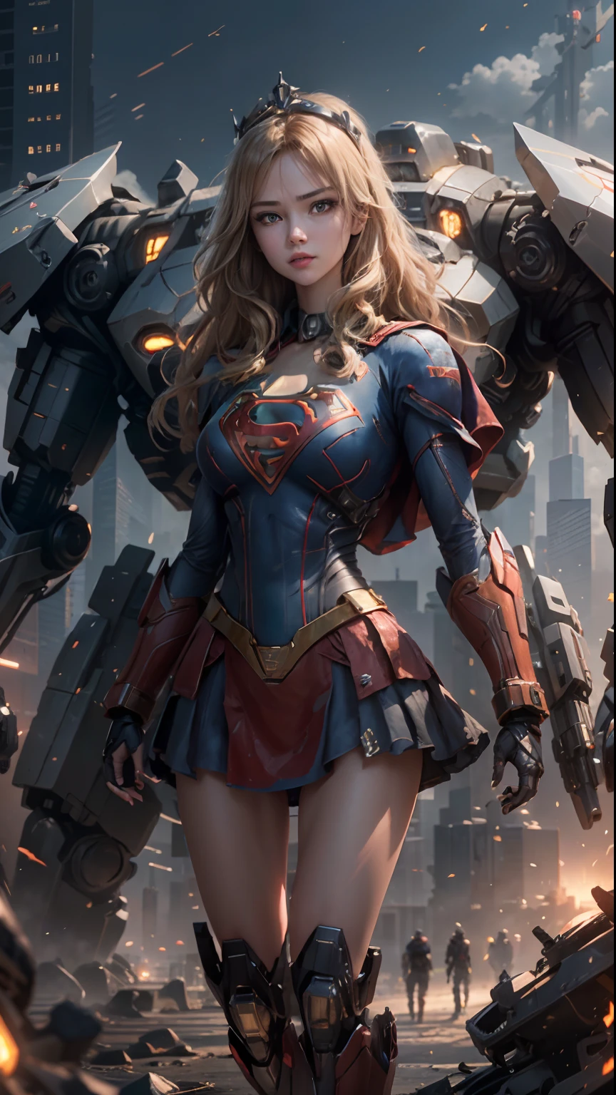 ((Best Quality)), ((Supergirl's Masterpiece)), (Very Detailed: 1.3), 3D, Shitu-mecha, Beautiful cyberpunk woman wearing crown with her ruined mecha of a forgotten war city, long blonde hair, blue eyes, superman S symbol on chest, sci-fi technology, HDR (High Dynamic Range), ray tracing, nvidia RTX, super resolution, unreal 5, subsurface scattering, PBR texture, post-processing, anisotropic filtering, depth of field, maximum sharpness and sharpness, multi-layer texture, specular and albedo mapping, surface shading, accurate simulation of light-material interactions, perfect proportions, octane rendering, duotone lighting, low ISO, white balance, rule of thirds, wide aperture, 8K RAW, high-efficiency subpixels, subpixel convolution, light particles, light scattering, Tyndall effect