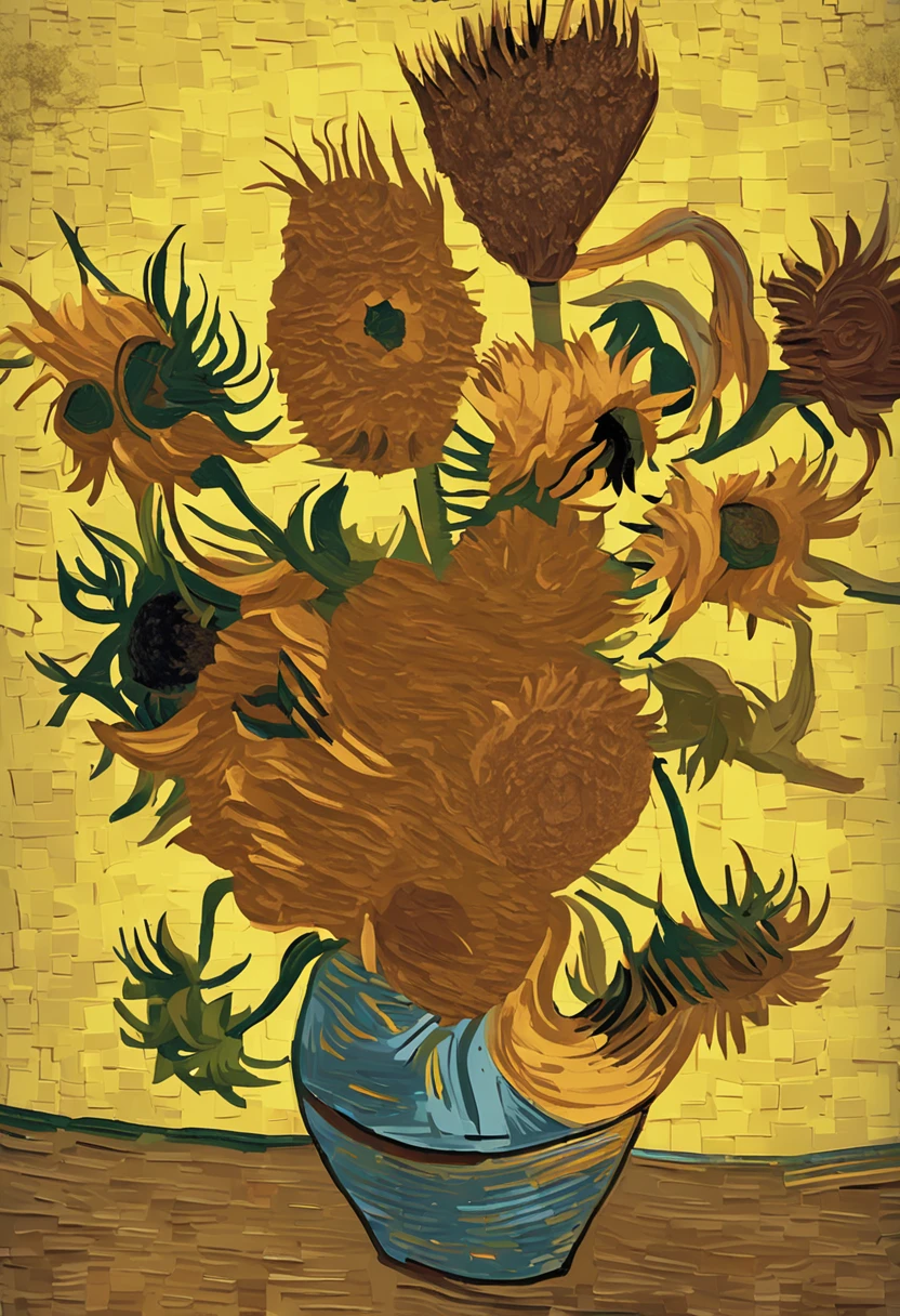 "Make an image of Van Gogh sunflowers in 500x500 style with a touch of mystery."