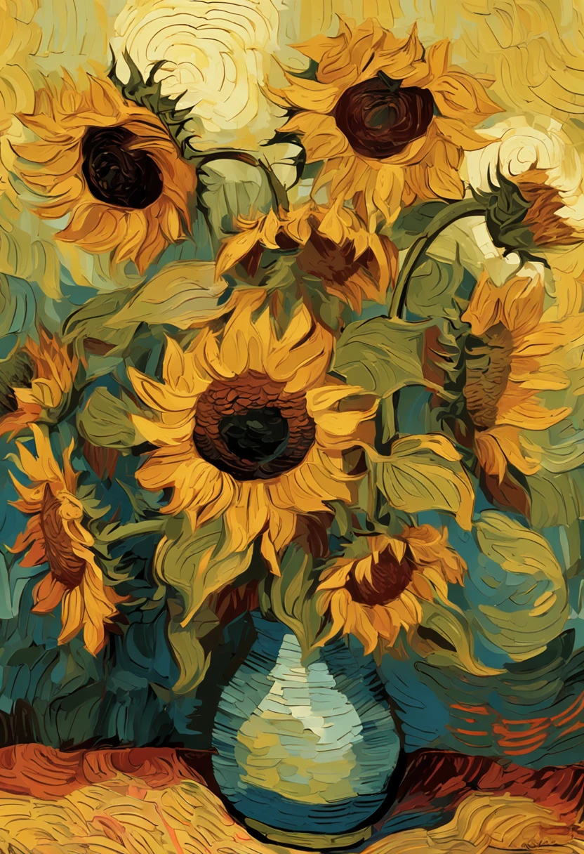 "Make an image of Van Gogh sunflowers in 500x500 style with a touch of mystery."
