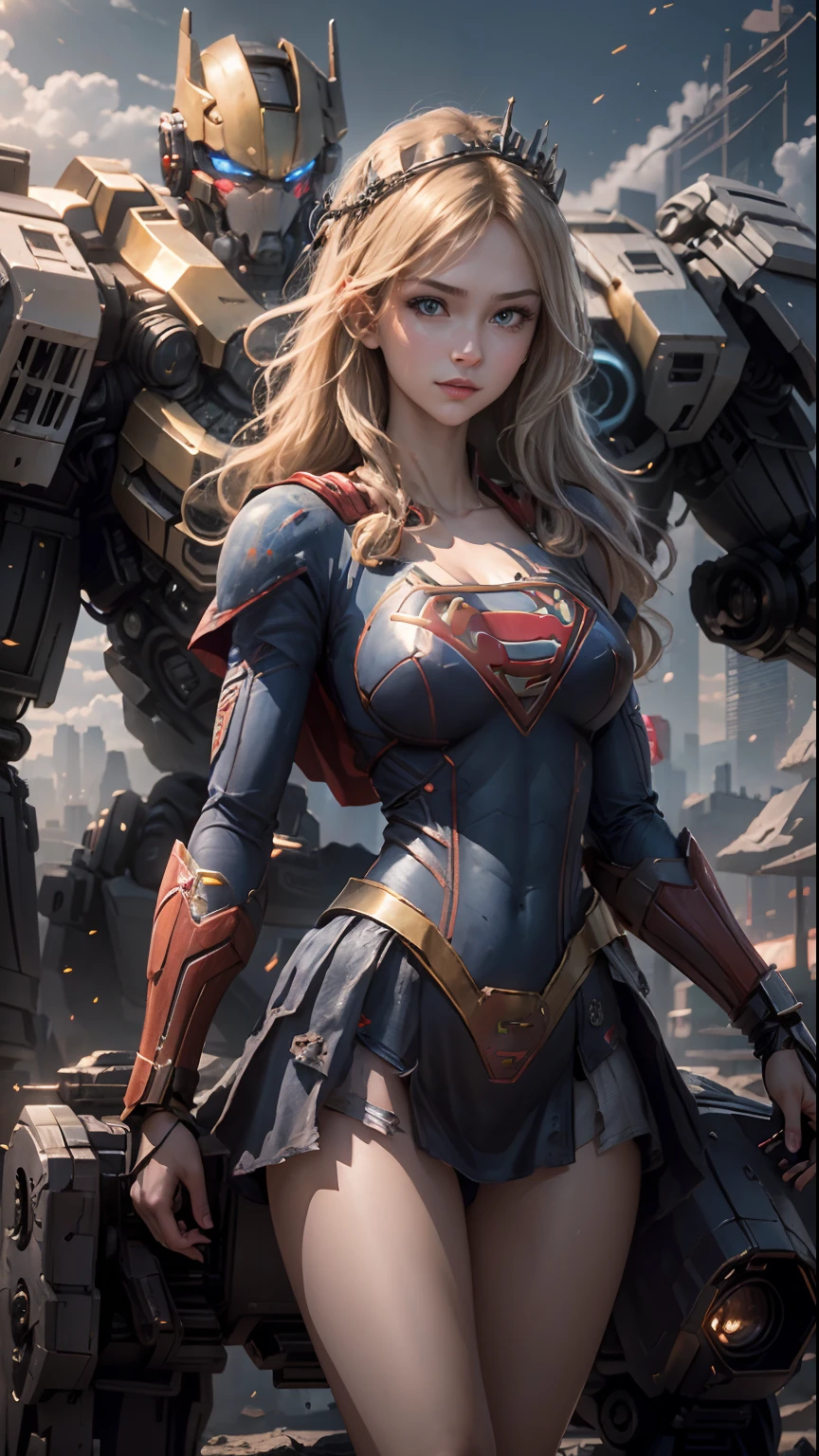 ((Best Quality)), ((Supergirl's Masterpiece)), (Very Detailed: 1.3), 3D, Shitu-mecha, Beautiful cyberpunk woman wearing crown with her ruined mecha of a forgotten war city, long blonde hair, blue eyes, superman S symbol on chest, sci-fi technology, HDR (High Dynamic Range), ray tracing, nvidia RTX, super resolution, unreal 5, subsurface scattering, PBR texture, post-processing, anisotropic filtering, depth of field, maximum sharpness and sharpness, multi-layer texture, specular and albedo mapping, surface shading, accurate simulation of light-material interactions, perfect proportions, octane rendering, duotone lighting, low ISO, white balance, rule of thirds, wide aperture, 8K RAW, high-efficiency subpixels, subpixel convolution, light particles, light scattering, Tyndall effect