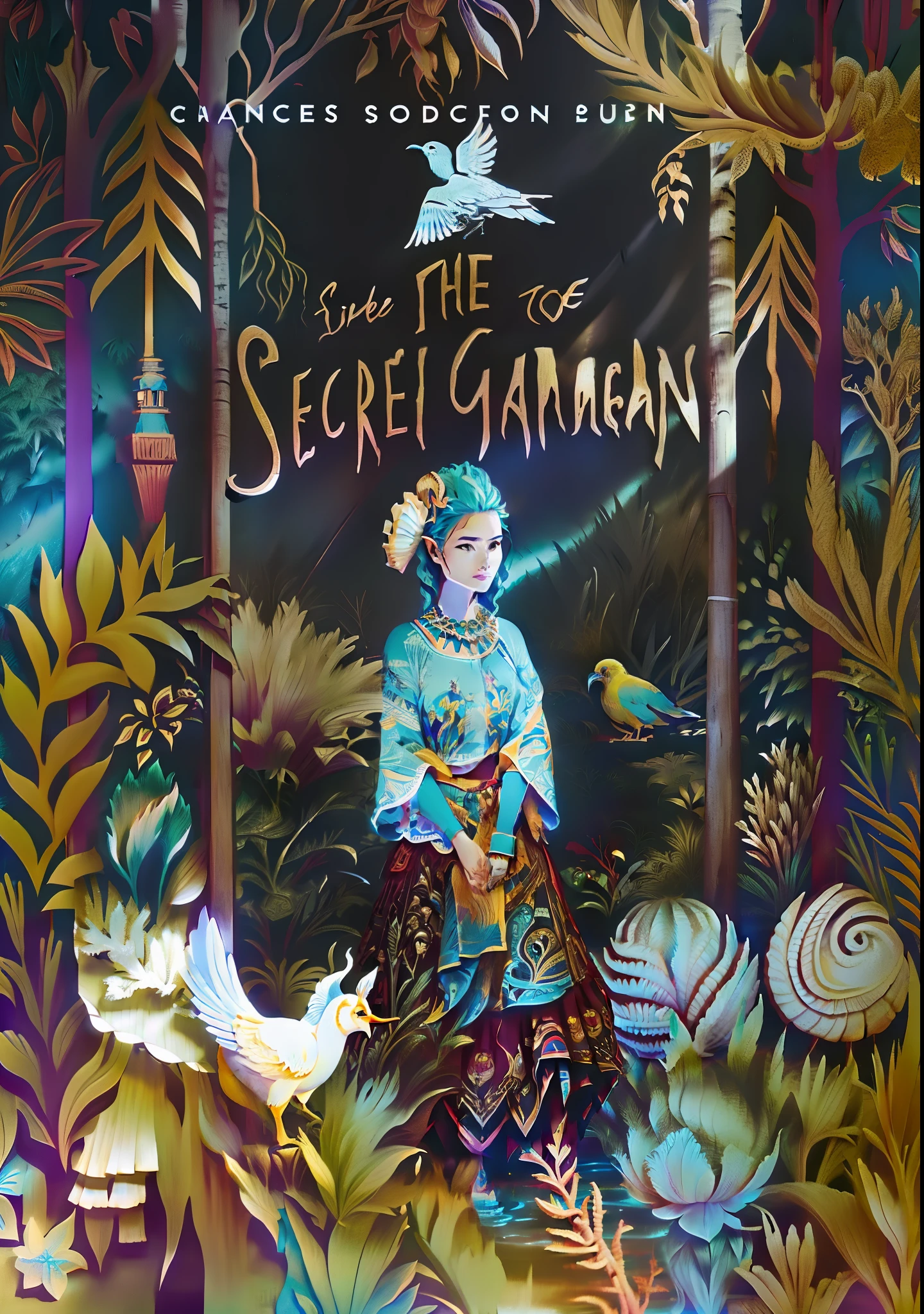 there is a book cover with a girl and two birds in the woods, secret garden, eftir Júlíana Sveinsdóttur, by Kathleen Scott, children's book cover, by Rachel Reckitt, she is the center of the garden, book cover illustration, novel cover art for a book, by Jane Graverol epic movie poster, volcano erupting, award winning (full body:1.3) portrait photo of a (moana:1.2), (seashell bikini:1.2), (water goddess:1.2), tribal tattoos, (wading:1.2) in the pacific (ocean:1.1), arms behind head, (partially submerged shot:1.2), (waves:0.9), desert island background, palm trees, beach,fluffy clouds in the sky, outrun, vaporware, trending on artstation, highly detailed, fine detail, intricate, (lens flare:0.9), (backlighting:0.9), (bloom:0.9), [Style-Micro::10]