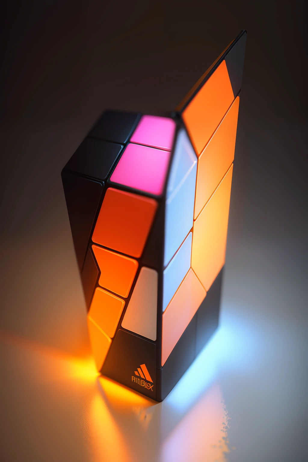 Rubik's Cube ICONS, arrow up across the screen, orange screen with white columns, floating gold coins, orange and pink color scheme, frosted glass, clear, luminous, brightly colored, transparent tech sense, Industrial design, equiaxonal view, white background with simple linear detail, studio lighting, 3d, c4d, Blender, OC Renderer, pinterest, dribbble, High Detail, 8k