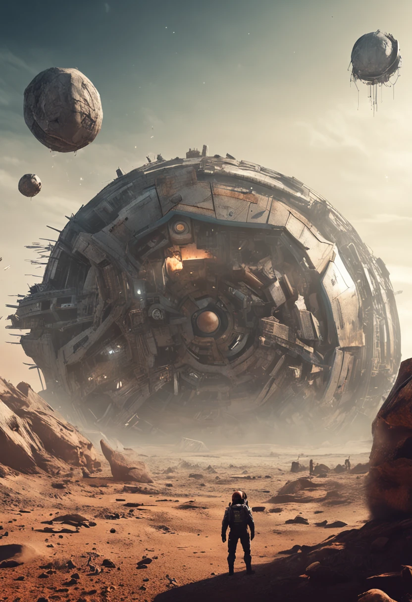 tmasterpiece,True HD photos,high detal,Highest definition,8K,Leica lens,Against the backdrop of a wasteland planet,Depicting a futuristic sci-fi world。The planet looks like it has experienced a catastrophe,Ruins are everywhere,Dilapidated。There should be many exposed mechanical devices and ancient electronic devices in the picture,The hint suggests that the planet's past may have been home to a high-tech civilization。
Against the backdrop of this wasteland planet,Please depict a huge planet in the center of the screen,It looks like a giant eye,It is surrounded by many small flying machines。This huge planet should be the protagonist of this picture,It emits a faint glow,It gives a mysterious feeling。
On the right side of the screen,Depicting a robot in a spacesuit,It is standing on a ruin,Facing a huge planet in the center of the picture。The design of this robot should have a futuristic feel,High-grade materials and complex mechanical structures are used。Its head should have a transparent mask,The human face inside can be seen。
In front of the robot,Depict an ancient book or map,It is painted with various mysterious symbols and patterns。Next to this book or map,Portrays a tired and determined scientist,He is working on this prop,It seems to be looking for some kind of answer or clue。
Somewhere in this wasteland planet,Depicting a forgotten human community,They are trying to survive and rebuild civilization。This neighborhood should have a strong wasteland style,People wore shabby clothes and protective gear,They search for food and resources in the ruins,They are also trying to rebuild their past。
In the background of the picture,Please add some details,For example, high-tech equipment in the ruins、space ship in the distance、Alien creatures on the surface of the planet, etc,These are typical elements of the wasteland world。You can also depict some dystopian details in the corners of the picture,For example, the contrast between the gap between the rich and the poor、Ubiquitous surveillance devices、Walls full of graffiti, etc,to emphasize the contradictions and conflicts of the future world。