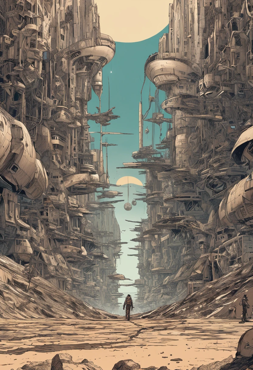 tmasterpiece,True HD photos,high detal,Highest definition,8K,Leica lens,Against the backdrop of a wasteland planet,Depicting a futuristic sci-fi world。The planet looks like it has experienced a catastrophe,Ruins are everywhere,Dilapidated。There should be many exposed mechanical devices and ancient electronic devices in the picture,The hint suggests that the planet's past may have been home to a high-tech civilization。
Against the backdrop of this wasteland planet,Please depict a huge planet in the center of the screen,It looks like a giant eye,It is surrounded by many small flying machines。This huge planet should be the protagonist of this picture,It emits a faint glow,It gives a mysterious feeling。
On the right side of the screen,Depicting a robot in a spacesuit,It is standing on a ruin,Facing a huge planet in the center of the picture。The design of this robot should have a futuristic feel,High-grade materials and complex mechanical structures are used。Its head should have a transparent mask,The human face inside can be seen。
In front of the robot,Depict an ancient book or map,It is painted with various mysterious symbols and patterns。Next to this book or map,Portrays a tired and determined scientist,He is working on this prop,It seems to be looking for some kind of answer or clue。
Somewhere in this wasteland planet,Depicting a forgotten human community,They are trying to survive and rebuild civilization。This neighborhood should have a strong wasteland style,People wore shabby clothes and protective gear,They search for food and resources in the ruins,They are also trying to rebuild their past。
In the background of the picture,Please add some details,For example, high-tech equipment in the ruins、space ship in the distance、Alien creatures on the surface of the planet, etc,These are typical elements of the wasteland world。You can also depict some dystopian details in the corners of the picture,For example, the contrast between the gap between the rich and the poor、Ubiquitous surveillance devices、Walls full of graffiti, etc,to emphasize the contradictions and conflicts of the future world。