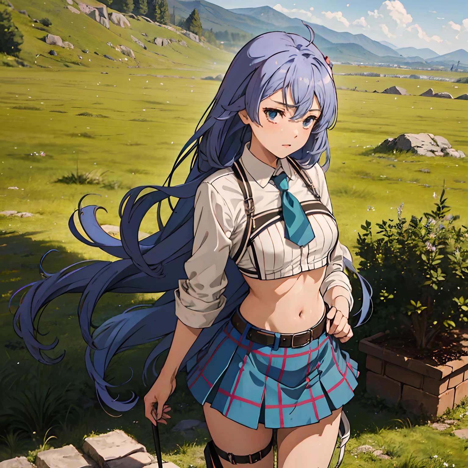 Roxy Migurdia, GIRL, (Masterpiece: 1.1), (Best Quality: 1.1), Upper Body Bikini, (White Bikini: 1.1), (Plaid Skirt: 1.1), High Waist Skirt, Blake [Green Grass: Pink, :0.5] Themed, (Urban Background: 1.1), Denim Lenses, Blake Silver, Long, Green Eye, Landscape,