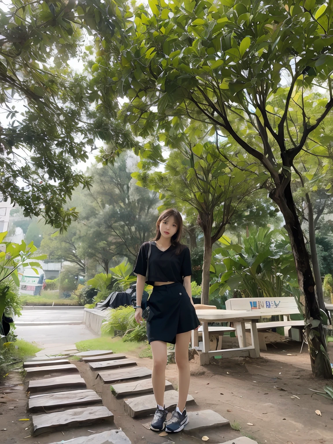 best qualtiy, realisticlying, 8K, high resolucion;, 1girll, girls, rich, (cityscapebackground:1.6)), (miniskirt, Sleeveless white t-shirt), A head that looks straight at the viewer:1.8, (A girl looks at the audience with her eyes, middle length hair, ligh brown hair, partedbangs:1.65), realisticlying, (With mouth closed:1.46), rich,(s whole body), Gravure, Sneakers