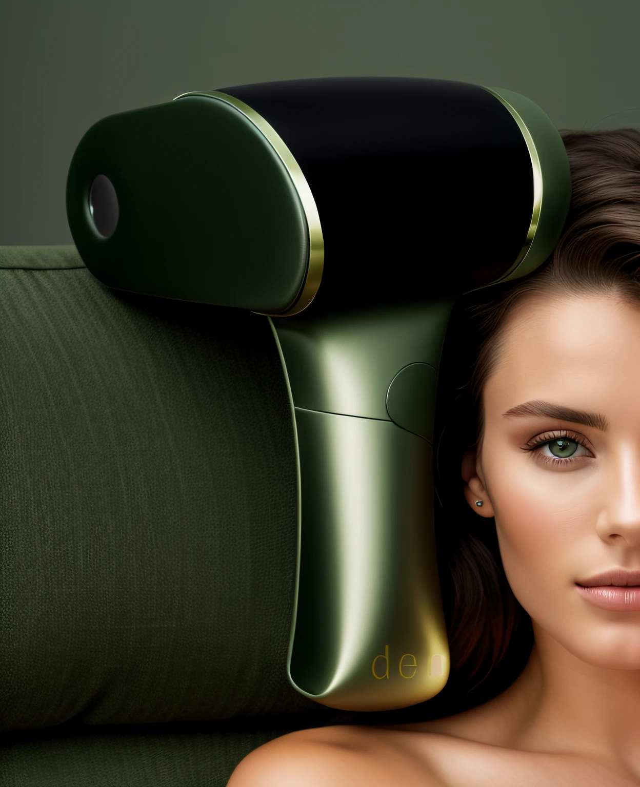 A European and American model lying on a sofa,Hold this product in your hand,The background is dark green