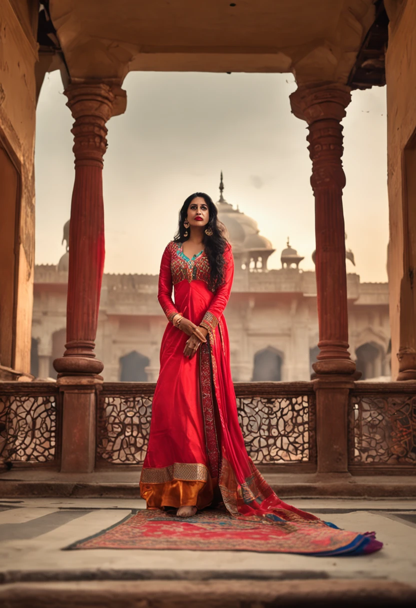 araffe woman with beautiful long wavy dishevelled open black hair, slightly chubby woman, big busty boobs, in a red dress standing in a traditional palace or monument, colourful traditional wear, with lovely look, wearing a silk kurta, wearing an elegant traditional outfit, candid picture, wearing traditional garb, golden blue outfit, dressed in a sari, wearing an ornate outfit, candid photo