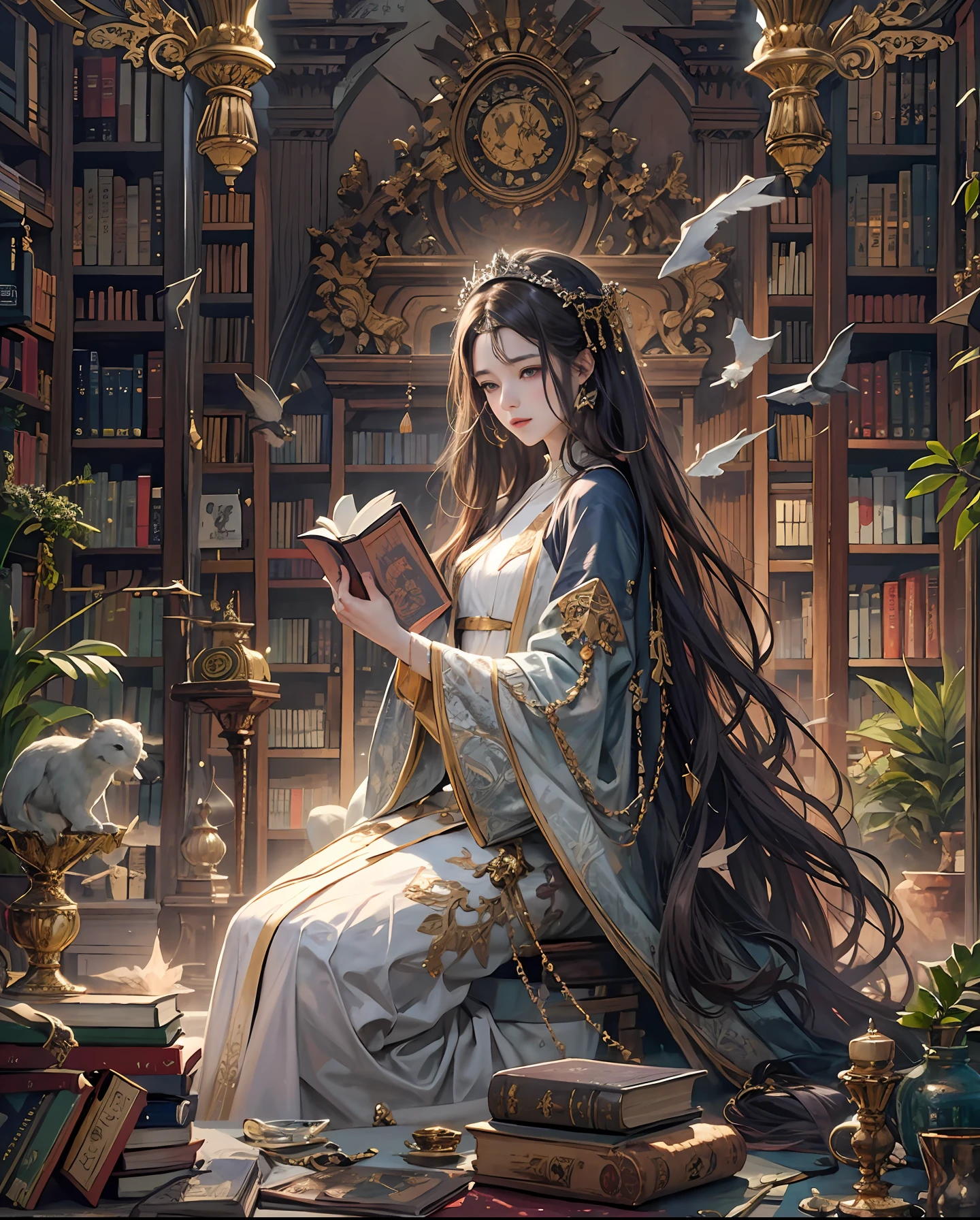 Official art、Calligraphy Priestess、The background is an ancient library、ancient library、You can see a lot of books and a lot of magic books.、With two beautiful women in black robes with open chests、Beautiful woman in white robes with open chest、The costumes of the two are contrasting、PerfectNwsjMajic,(masterpiece、top-quality、top-quality、Official art、Beautifully Aesthetic:1.2)、(2girls)、ighly detailed、colourfull、highestdetailed、Official art、Unity 8k壁纸、ultra-detailliert、Beautifully Aesthetic、Beautiful face in detail、masterpiece、top-quality、(Zentangle、a Mandala、Tangles、Entanglement)、Holy Light、pure、There are also resilient messages, Overcoming and hope. Breasts are small and B size、A slender、The chest is open、Eyes are double(A detailed eye), Beautifully detailed、Hair that flutters in the wind、Maroon Gradient Hair Color、Hair color is contrasting、high-heels、Gold Anklet、Two people praying to a big magic book、beautifull detailed face、