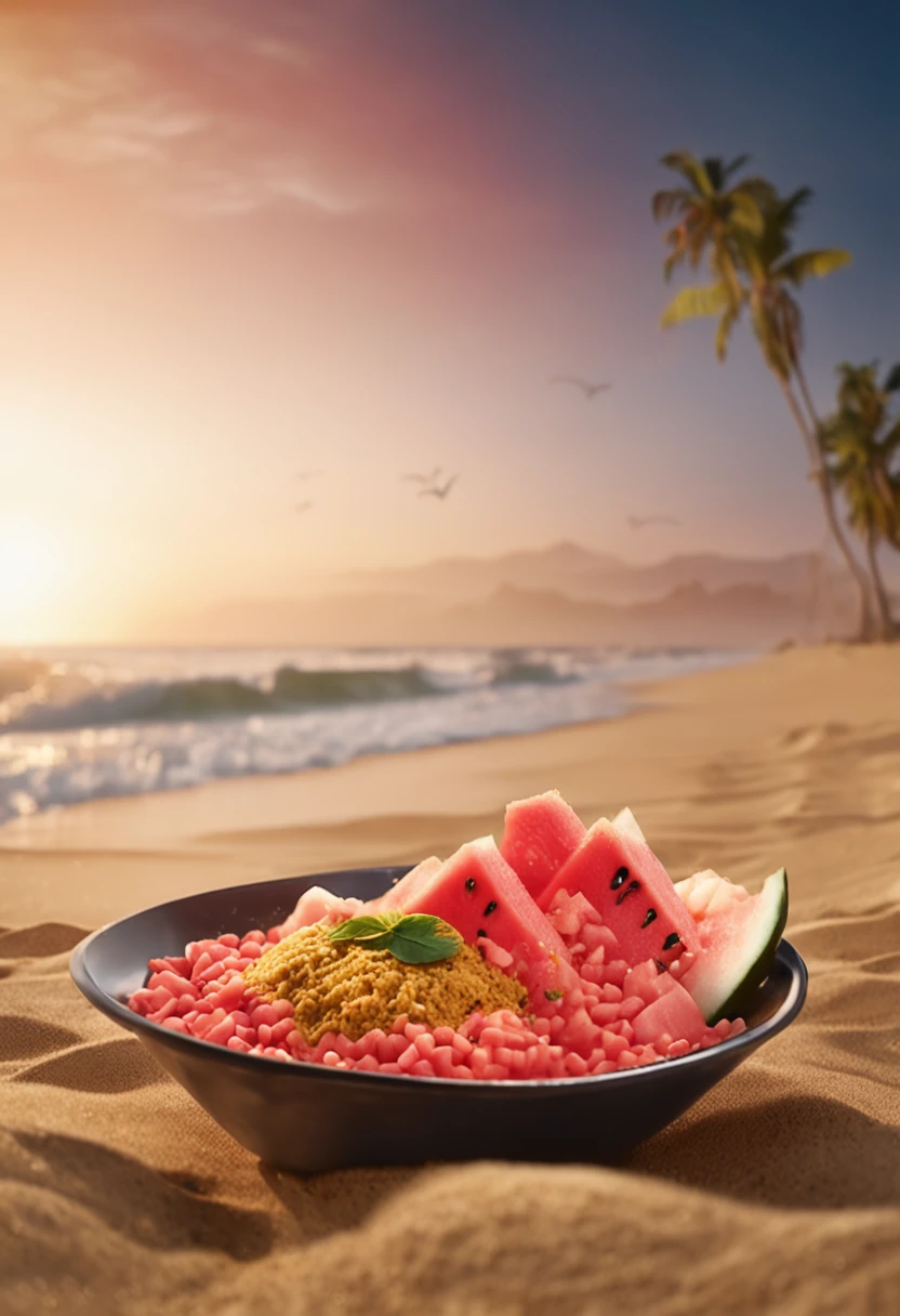 Close up of Curry Mee in an empty watermelon, Bali Beach, on top of sand, 8k, hyper realistic, Golden hour, apocalyptic background, meteors falling from sky, film still