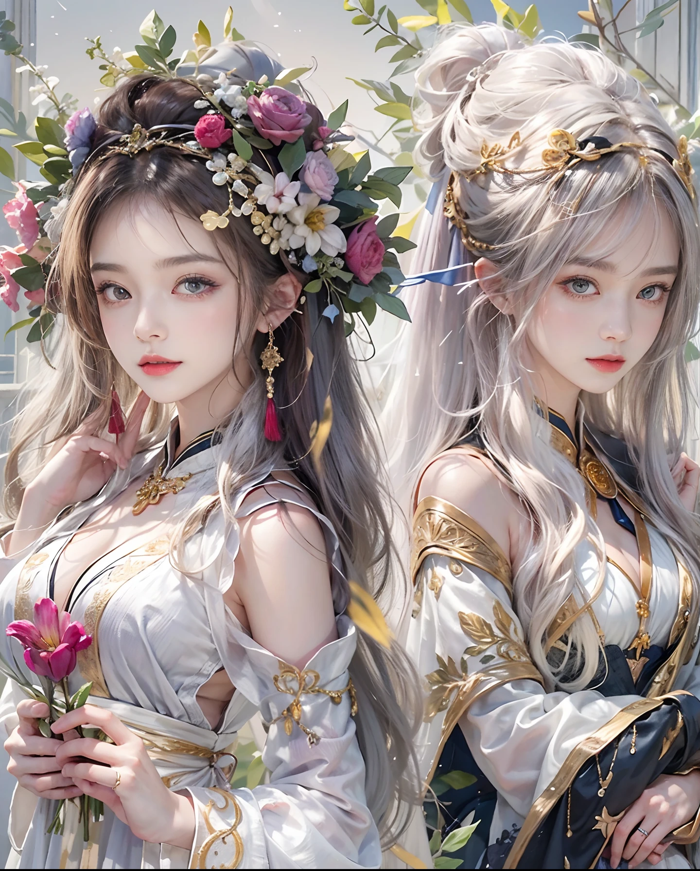 Official art、Two Priestesses、With two beautiful women in black robes with open chests、Beautiful woman in white robes with open chest、The costumes of the two are contrasting、Hair color is also contrasting、Eye color is also contrasting、Two people who all contrast、PerfectNwsjMajic,(​masterpiece、top-quality、top-quality、Official art、Beautifully Aesthetic:1.2)、(2girls)、ighly detailed、colourfull、highestdetailed、Official art、Unity 8k壁纸、ultra-detailliert、Beautifully Aesthetic、Beautiful face in detail、​masterpiece、top-quality、(Zentangle、a Mandala、Tangles、Entanglement)、Holy Light、pure、There are also resilient messages, Overcoming and hope. Breasts are small and B size、A slender、The chest is open、Eyes are double（A detailed eye）, Beautifully detailed、Hair that flutters in the wind、Maroon Gradient Hair Color、Hair color is contrasting、high-heels、Gold Anklet、Beautiful girls staring at each other on a large dial、The background is a night temple lined with candles、The healing light that glitters around the two of them has a bokeh effect、