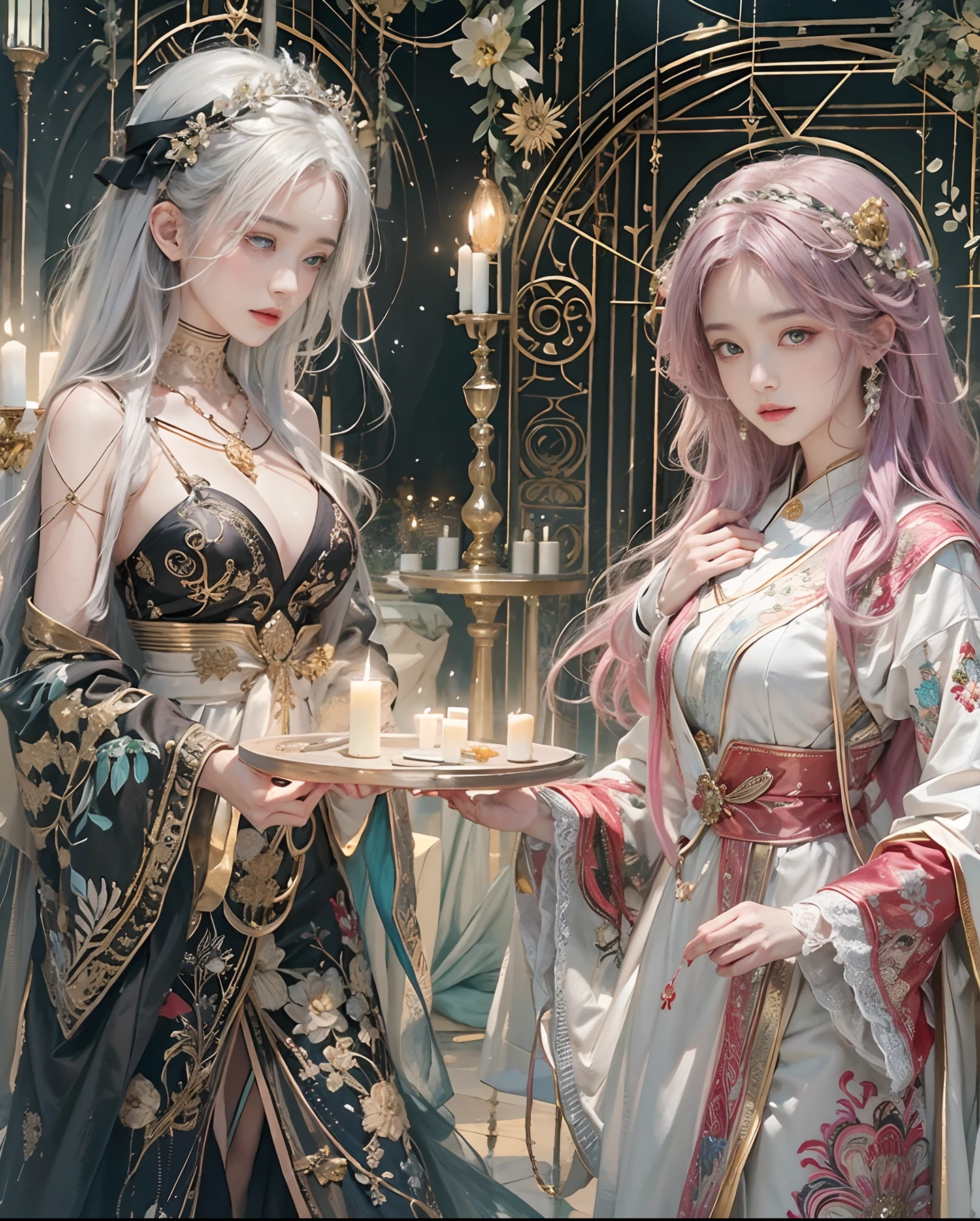 Official art、Two Priestesses、With two beautiful women in black robes with open chests、Beautiful woman in white robes with open chest、The costumes of the two are contrasting、Hair color is also contrasting、Eye color is also contrasting、Two people who all contrast、PerfectNwsjMajic,(​masterpiece、top-quality、top-quality、Official art、Beautifully Aesthetic:1.2)、(2girls)、ighly detailed、colourfull、highestdetailed、Official art、Unity 8k壁纸、ultra-detailliert、Beautifully Aesthetic、Beautiful face in detail、​masterpiece、top-quality、(Zentangle、a Mandala、Tangles、Entanglement)、Holy Light、pure、There are also resilient messages, Overcoming and hope. Breasts are small and B size、A slender、The chest is open、Eyes are double（A detailed eye）, Beautifully detailed、Hair that flutters in the wind、Maroon Gradient Hair Color、Hair color is contrasting、high-heels、Gold Anklet、Beautiful girls staring at each other on a large dial、The background is a night temple lined with candles、The healing light that glitters around the two of them has a bokeh effect、