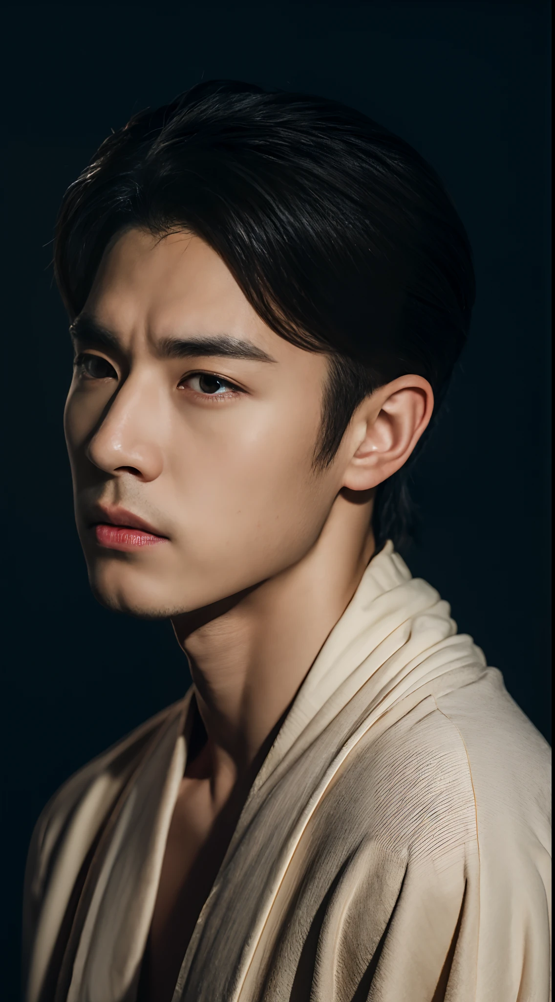 (8K, RAW photo, Highest quality),Realistic,1 man,frontage，Intricate details,Closed mouth,Muscular male,Manly,looks away,Male focus,Solo,Transparent robe，Chinese Tang Dynasty,18-year-old man，Night sky,Soft lighting,Cinematic lighting,Portrait,Close-up,Loving eyes