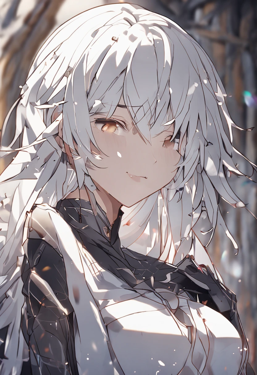 White hair, ssmile, libraryai, kosmos, anime, ray tracing, drop shadow, vignetting, UHD, masterpiece, best quality, 8k