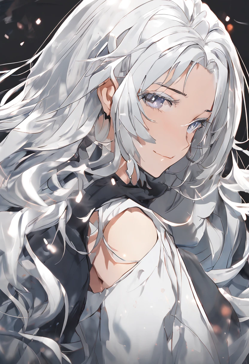 ((highest quality)), ((masterpiece)), (detailed), Perfect Face,Perfect Anatomy,Long Hair,Hair on one eye,Half Up,20-year-old,Silver Hair,First-person view,She looks at me with a sad blush.,Lying face down,The chest is loose and the cleavage is visible.