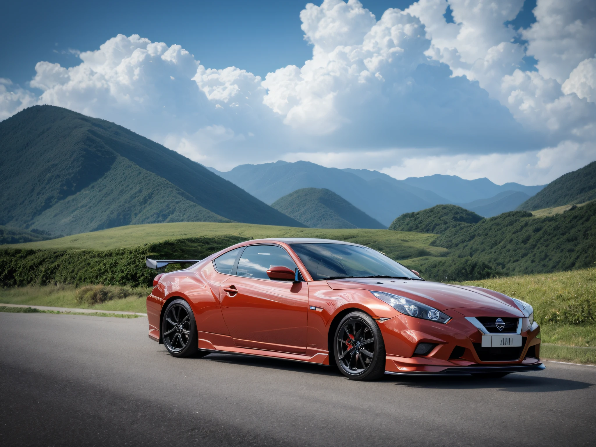 masutepiece,Best Quality,Official art,the Extremely Detailed CG Unity 8K Wallpapers,Illustration,day, in spring, cloudy, skyporn, Beautiful detailed sky, light,Official art,the Extremely Detailed CG Unity 8K Wallpapers,Illustration,day, in spring, cloudy, skyporn, Beautiful detailed sky, light, 1Car, (Car:1), motor car, ground vehicle, sportscar, Nissan, sky line, vehicle focus, mountain road,Need for Speed,moving,Wet,