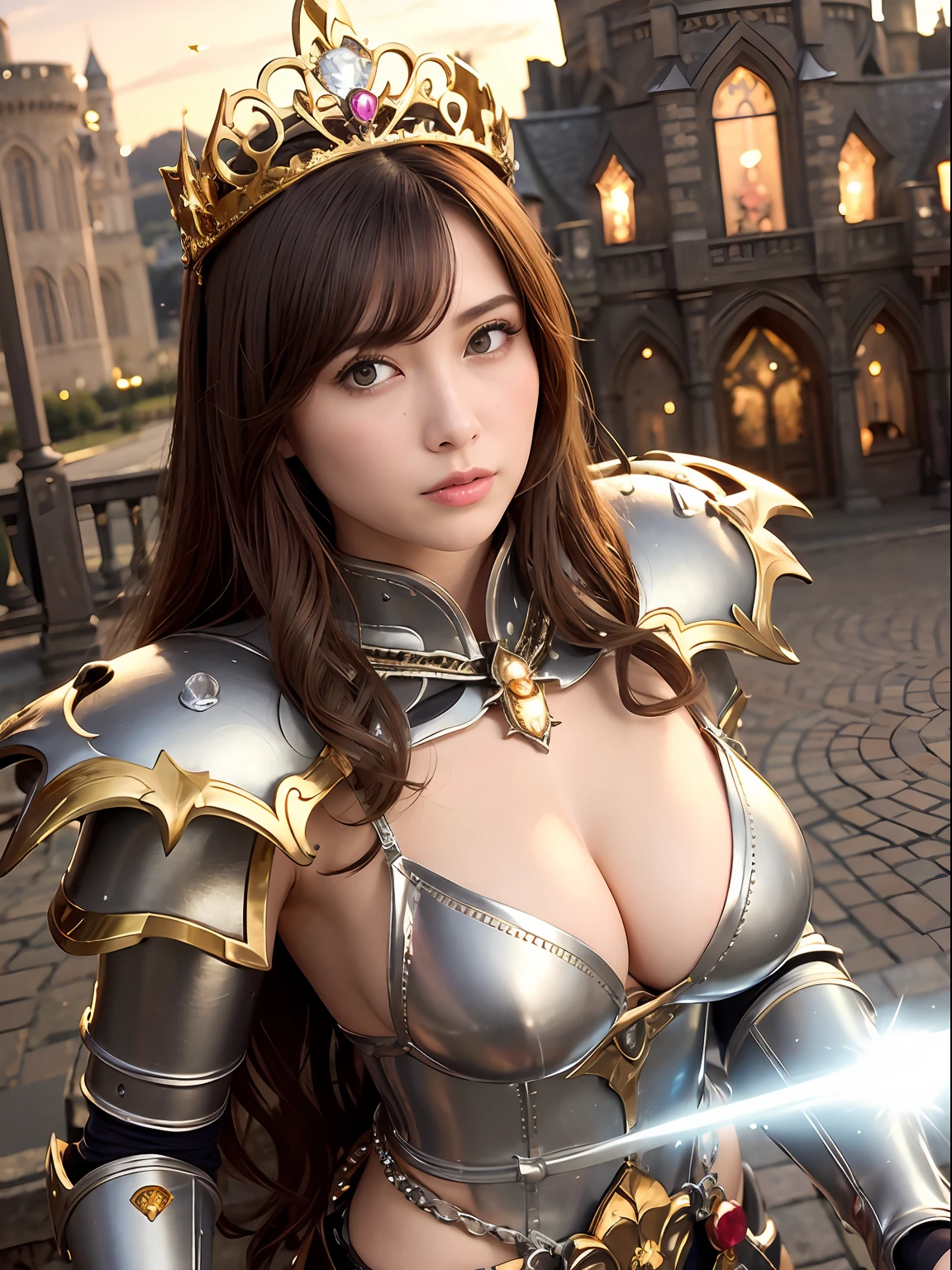 Professional , masterpiece、top-quality、photos realistic , depth of fields (Gemstone Silver Metal Body:1.9),(Matte Silver、Jewel Gold Weapon、(Gorgeous castle background)、(Jewel White Metal Body:1.4),(Gorgeous Jewel Metal Weapons) , (Hold the hero's detailed sword) ,(,close-up,dream magical,tornado ) ,(Micro Bikini Armor),warhammer 40k , adepta sororitas,Detail and ornate jewel crown、Brown hair、(Gangle's forest background)、1a person、dynamic ungle,(((Diamond tiara with detail and luxury)))、a small face、A smile、Powerful poses、(Gorgeous castle background)、huge filesize、20 year old beautiful woman、Stand in the center of the screen、Thin female fingers、Straight long hair、Beautiful Caucasian beauty、Mystical expression、Lightly open your mouth、,Luminescent particles,light scattering,Tindall Effect、cleavage of the breast、