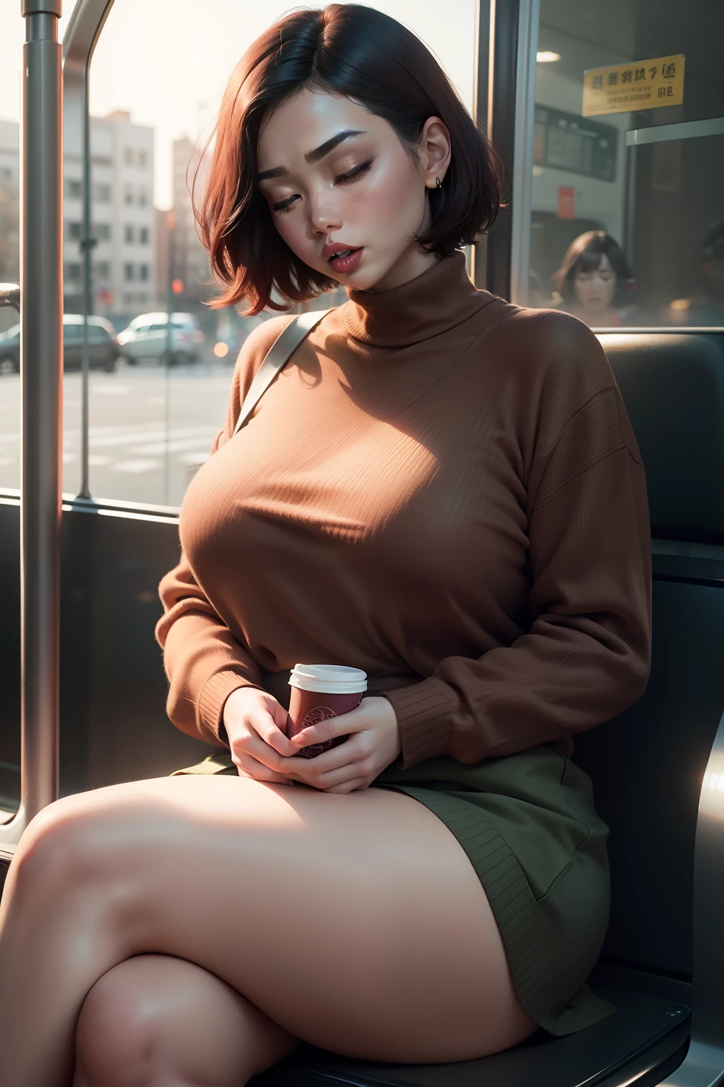 1 beautiful woman, adult, large body, maroon lips, Asian woman, short hair, brown hair, outlined eyelids, made-up eyelids, made-up face, green sweater, short skirt, cream skirt, neckline, sleeping sitting on the bus, mouth open, eyes closed.