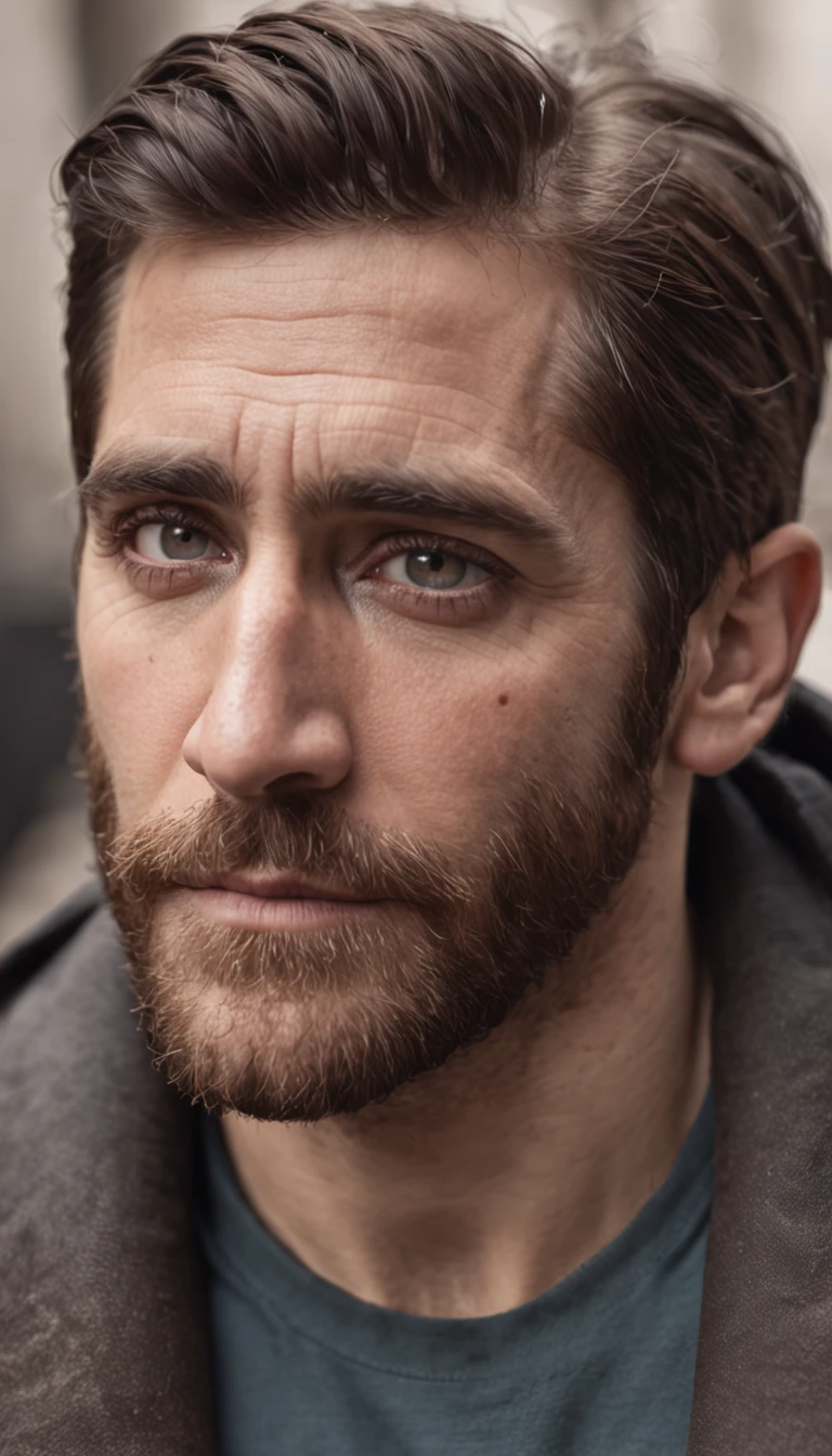 "Portrait of Jake Gyllenhaal with film grain and extreme detail in 8k UHD, showcasing realistic and detailed skin."