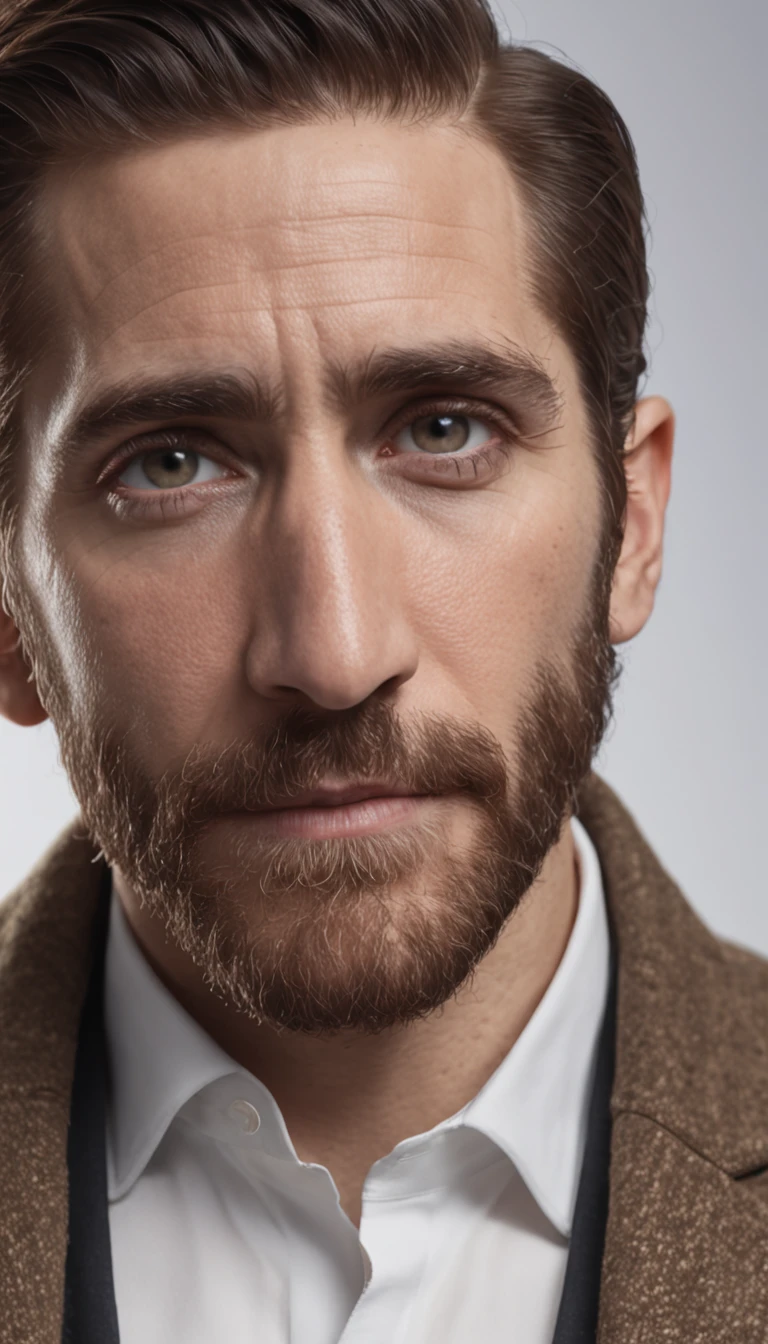 "Portrait of Jake Gyllenhaal with film grain and extreme detail in 8k UHD, showcasing realistic and detailed skin."