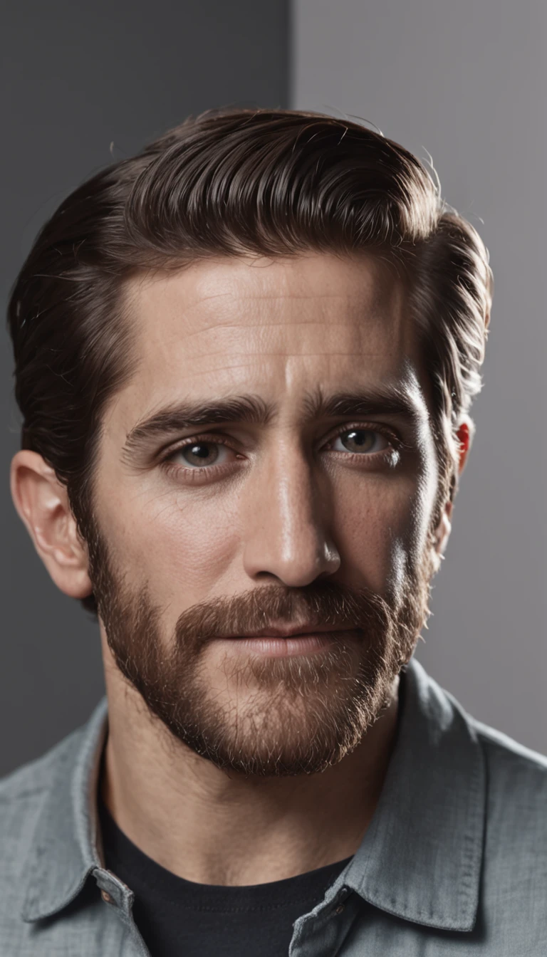 "Portrait of Jake Gyllenhaal with film grain and extreme detail in 8k UHD, showcasing realistic and detailed skin."