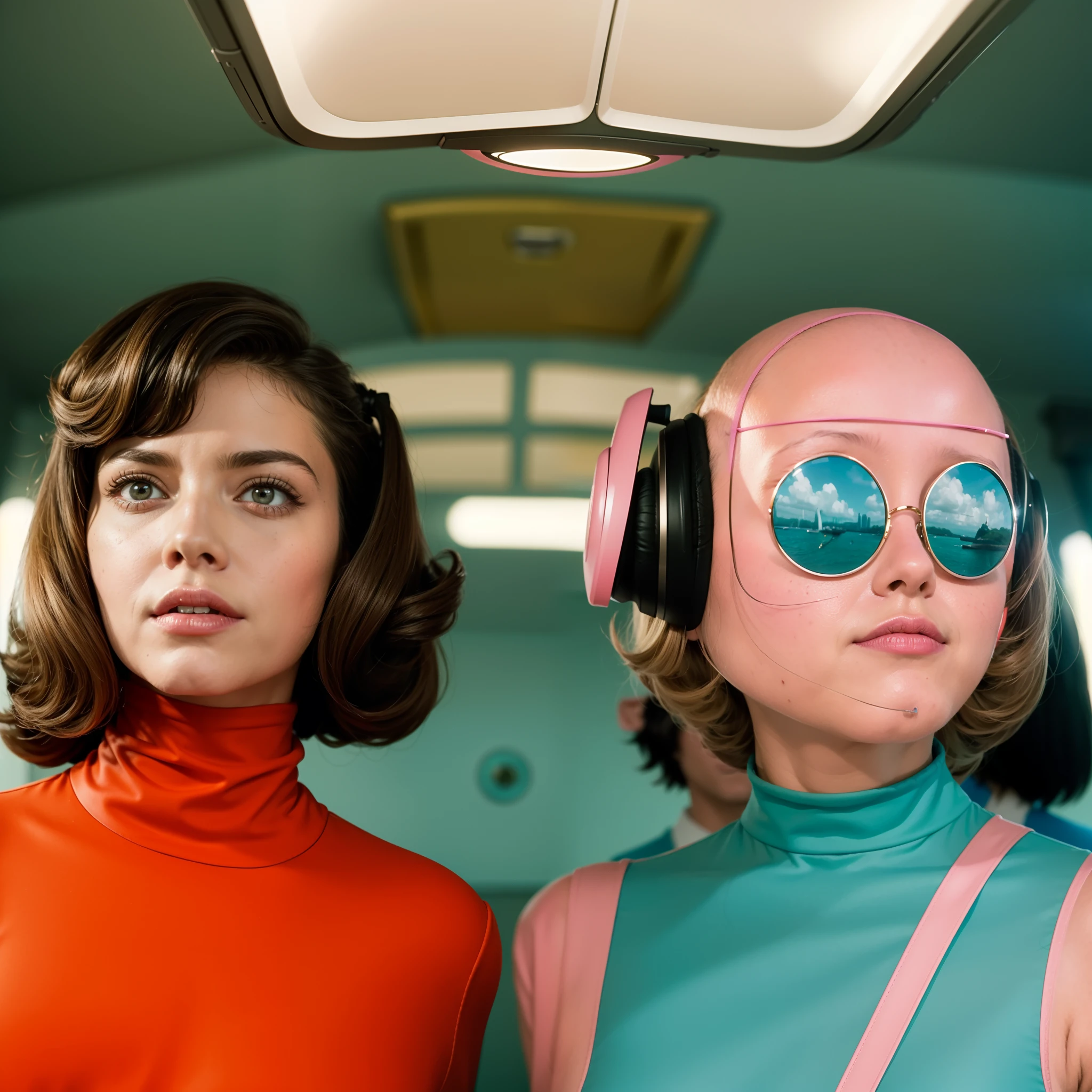 8k image from a 1970s science fiction film, imagem real, Estilo Wes Anderson, pastels colors, a man between two women wearing retro-futuristic fashion clothes and futuristic technological ornaments and devices, Luz Natural, cinemactic, Psicodelia, futurista estranho, retro-futurista, Foto premiada, intrincado, Sharp details,