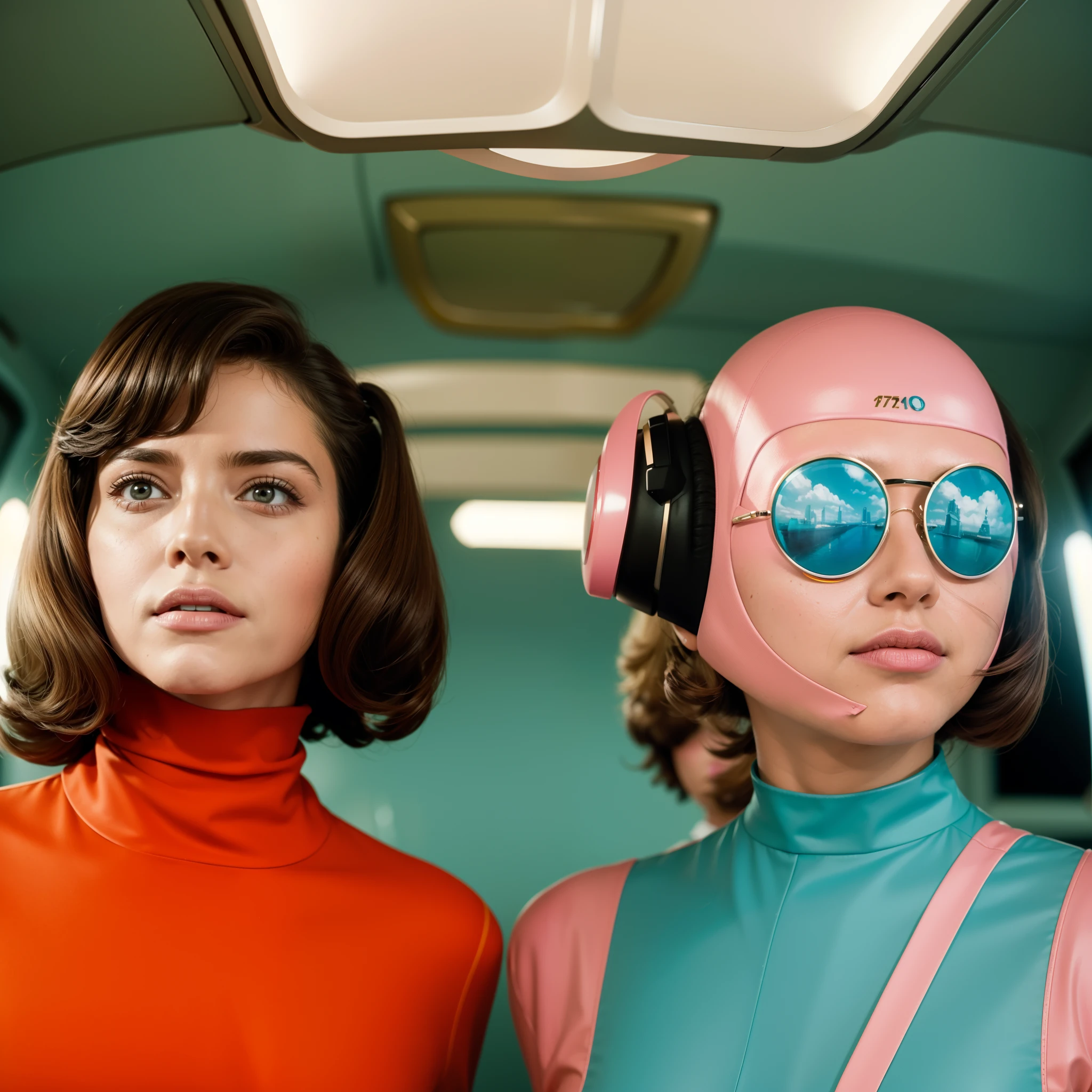 4k image from a 1970s science fiction film, imagem real, Estilo Wes Anderson, pastels colors, a man between two women wearing retro-futuristic fashion clothes and futuristic technological ornaments and devices, Luz Natural, cinemactic, Psicodelia, futurista estranho, retro-futurista,