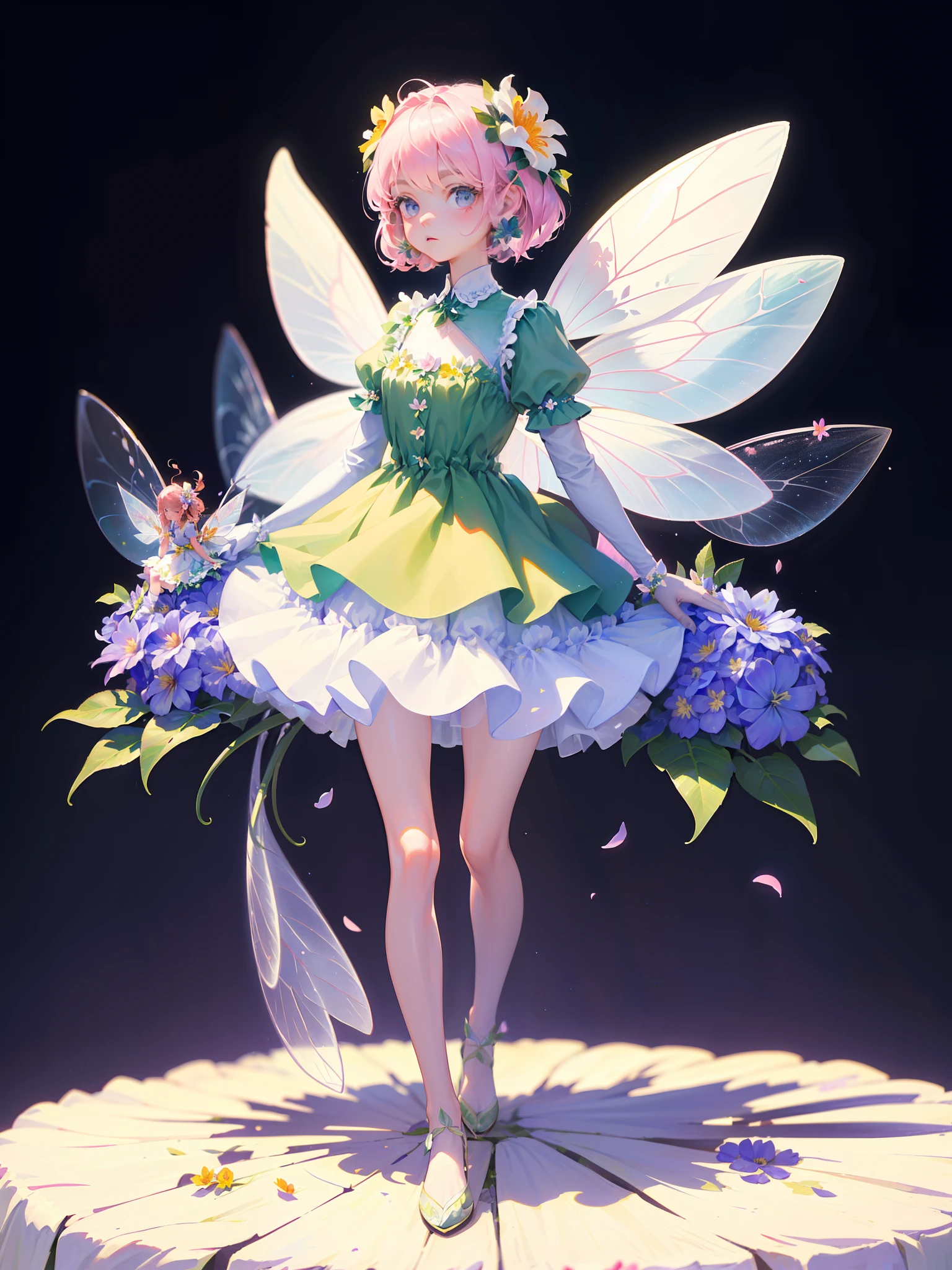 (the Flower Fairy:1.5), Very small size human, very big flowers, Fly,  full body,1girll， Dark room,