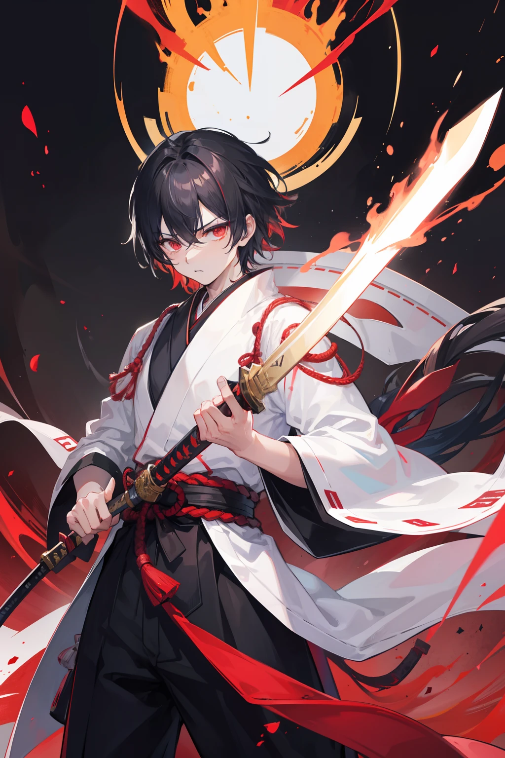 2boys,cabelos preto e longos,Red-eyed age man,Stand on an empty street at night,extreme hight detail,White jacket,Black Hakama,Aoba Ori,Holding a huge blood-colored weapon in one hand,A Japanese style,Intimidating,Engulfed in flames、Sword,wall-paper,CG compositing,Japan best swordsman、action、Glowing eerily with lightning