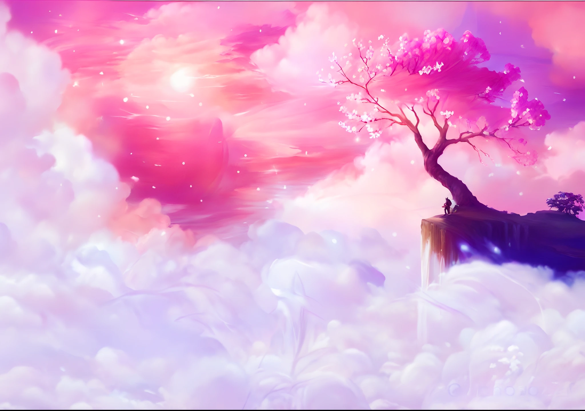 painting of a tree in the clouds with a pink sky, dreamlike digital painting, lie on white clouds fairyland, dream scenery art, digital art fantasy, anime beautiful peace scene, fantasy background, fairy tale style background, dreamy art, in the white clouds fairyland, beautiful art uhd 4 k, background artwork, painting of a dreamscape, a beautiful artwork illustration