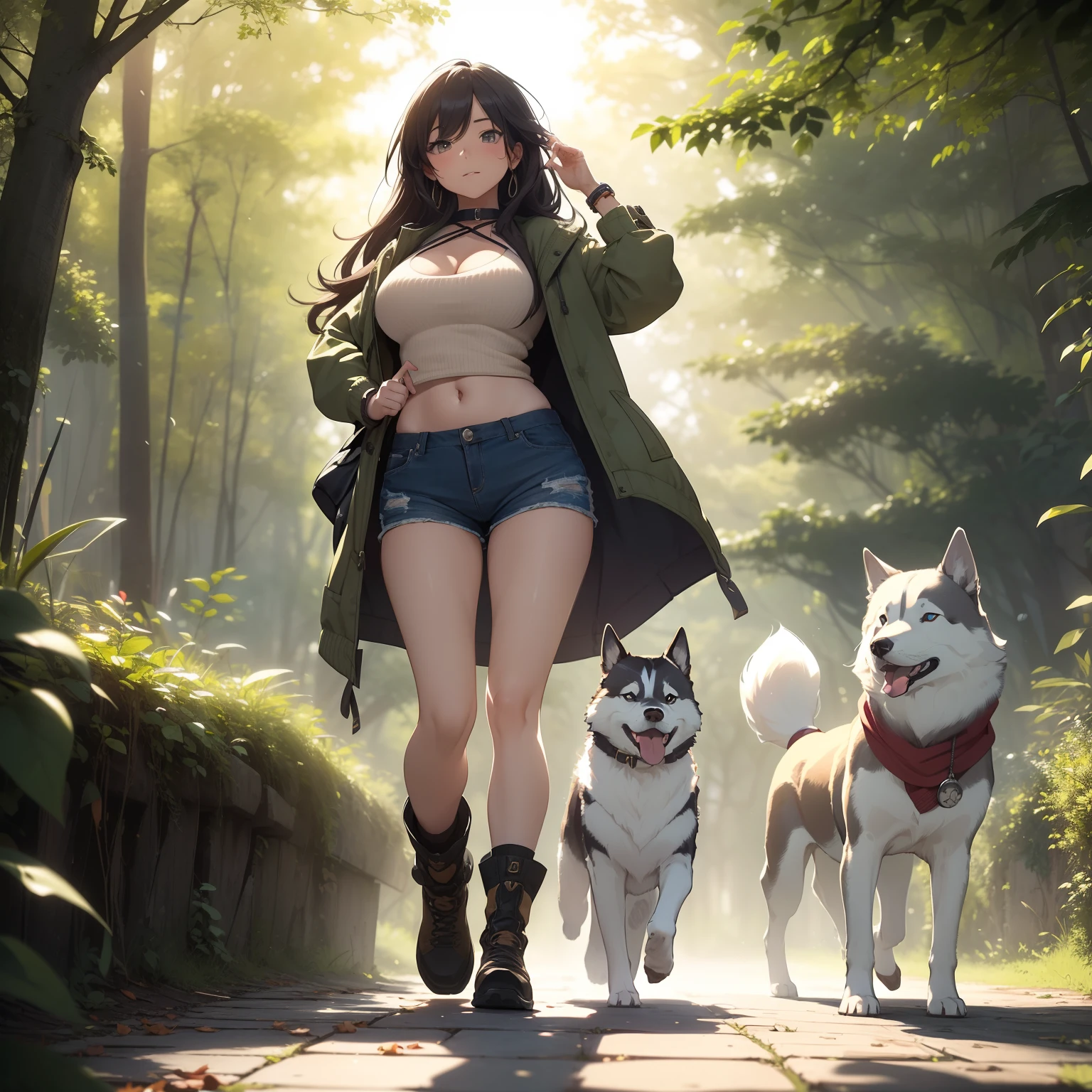 ((masterpiece, best quality, 4k, photorealistic)), (((wide shot, full body))), (((front view, from below)), expressive eyes, perfect face, nice hands, large cleavage, long round legs, navel is shown, slight of underboobs, curvaceous body,1 girl, In a tranquil park setting, a city girl walks alongside her spirited Husky companion on a sunlit path, her hair, a cascade of chestnut waves, dances in the gentle breeze, echoing the Husky's striking coat, a playful bandana adorns her hair, adding a touch of casual charm, dressed in a forest green jacket layered over a cozy knit sweater, she blends seamlessly with the natural surroundings, her shorts and sturdy hiking boots ready for any adventure, a leather bracelet adorns her wrist, a collection of small tokens that tell her story, the bond between the girl and her Husky emanates with every step, a perfect fusion of urban grace and natural elegance, as they explore the path together, a beautiful symphony of companionship and outdoor serenity unfolds, extremely detailed Artgem