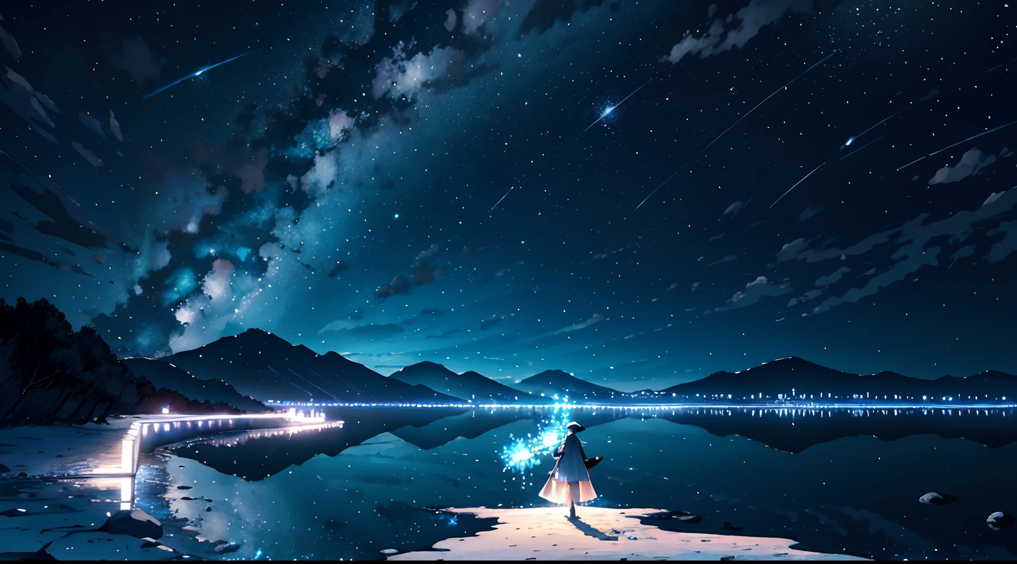 A person standing on a beach looking at the stars in the sky - SeaArt AI