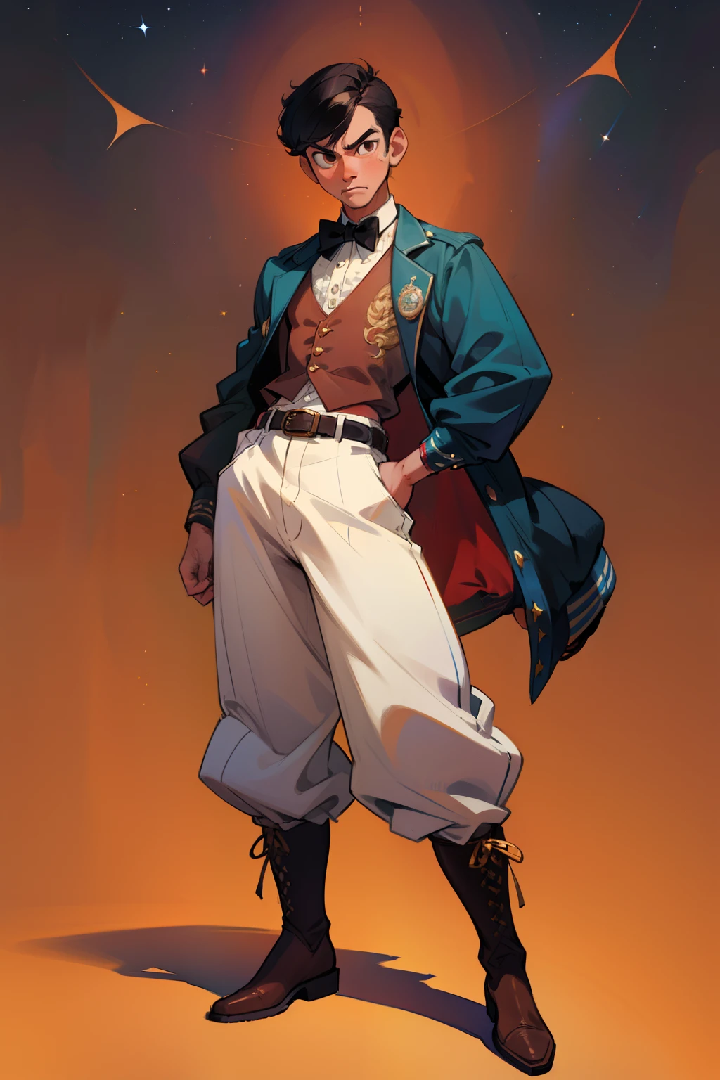 ((1 man, male, young)), Mexican, black hair, brown eyes, determined gaze, intimidating gaze, full body, brown skin, full body, athletic, Includes embroidered jacket, detailed white shirt, bowtie, pants fitted at the waist and legs, decorated leather boots, and an ornate belt. Each piece has a specific purpose and together they create an elegant outfit that reflects Charro history and tradition. girdle on the abdomen and hips, knuckles on the hands, defiant pose, comets and stars in the background, mexico, night sky, highly detailed