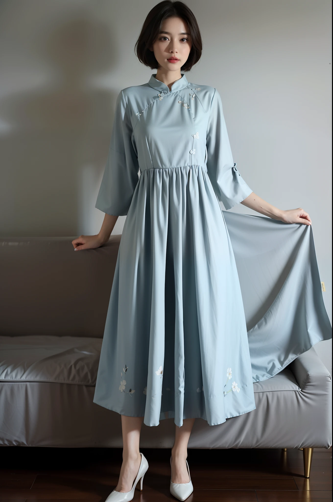 （Akusema long-sleeved printed porcelain dress），1 rapariga，The upper part of the body，high-heels，（short detailed hair：1.1），（realisticlying：1.7），（（best qualtiy）），absurderes，（超高分辨率），（realisticlying：1.6），realisticlying，rendering by octane，（Hyper-realistic：1.2），（photo-realistic face：1.2），（8k），（4k），（tmasterpiece），（realistic skin textures），（illustratio，cinmatic lighting，the wallpaper），（beautidful eyes：1.2），（（（（s the perfect face）））），（adolable），（standing on your feet），（brunette color hair），（short detailed hair），黑The eye，Redlip，（exteriors），huge tit，